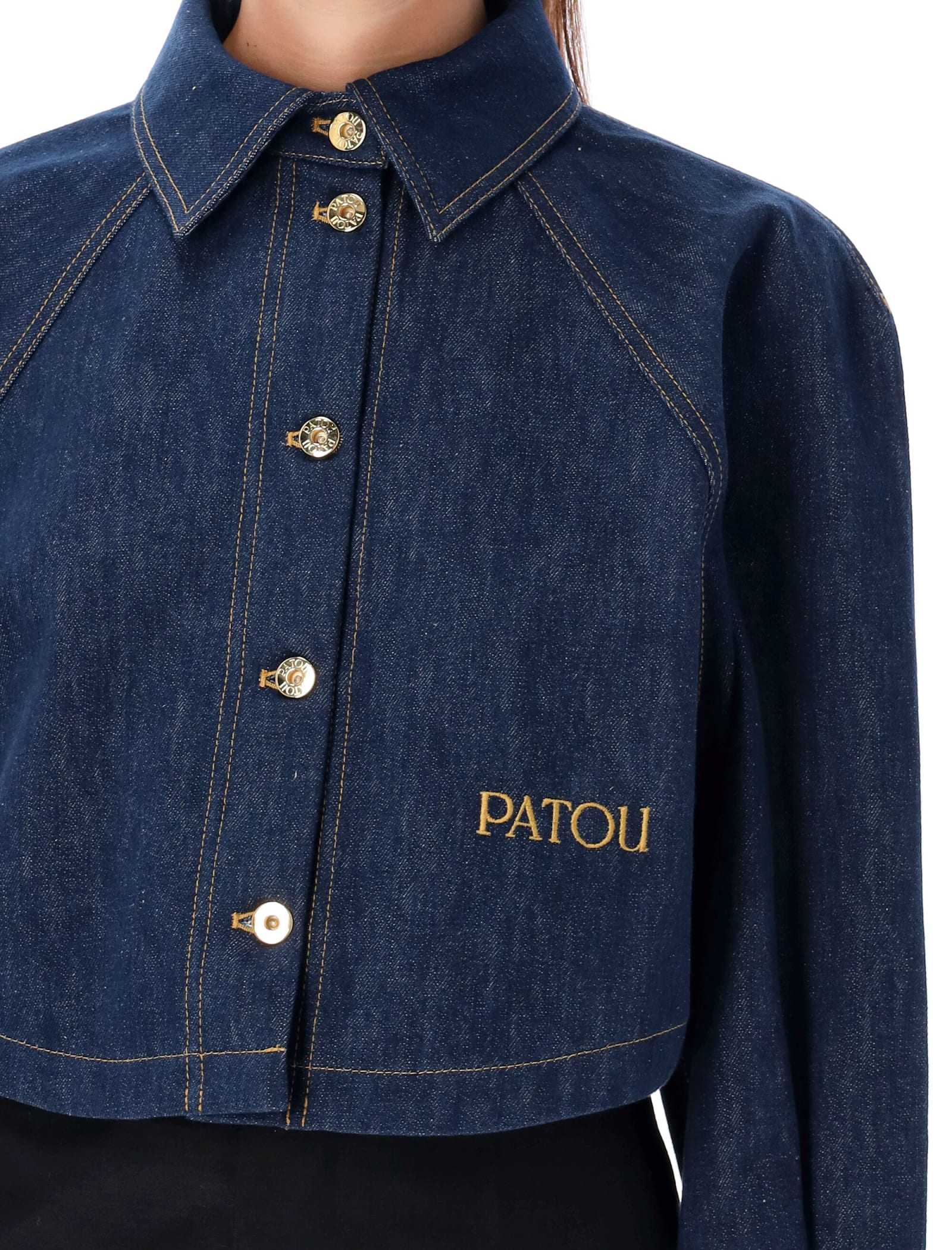 Shop Patou Cropped Denim Shirt In Blue