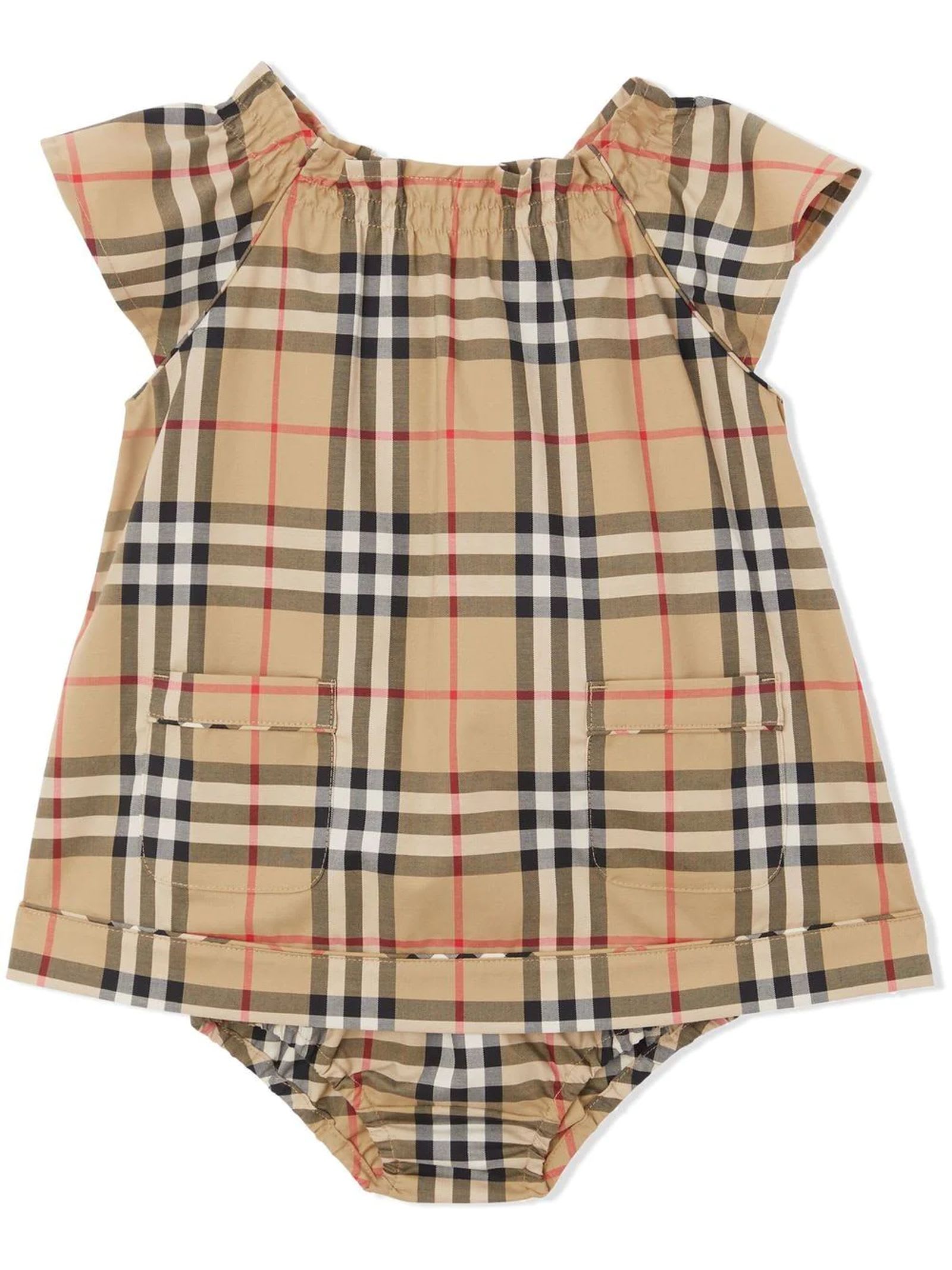Burberry Babies' Check Cotton Dress In Beige