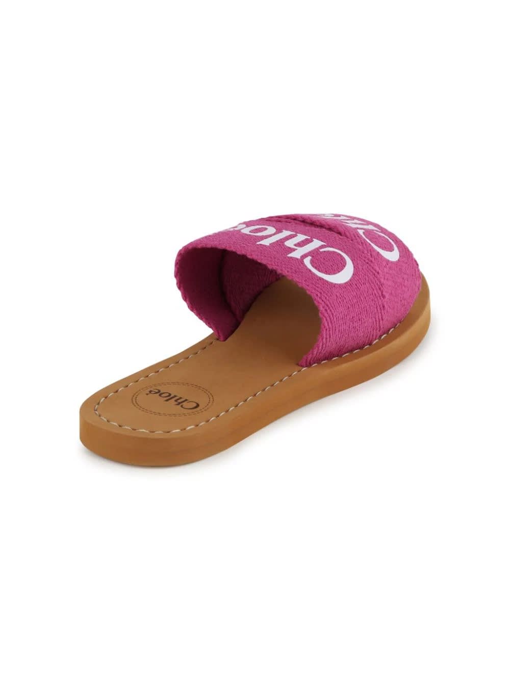 Shop Chloé Woody Sandals In Fuchsia Canvas With Logo In Pink