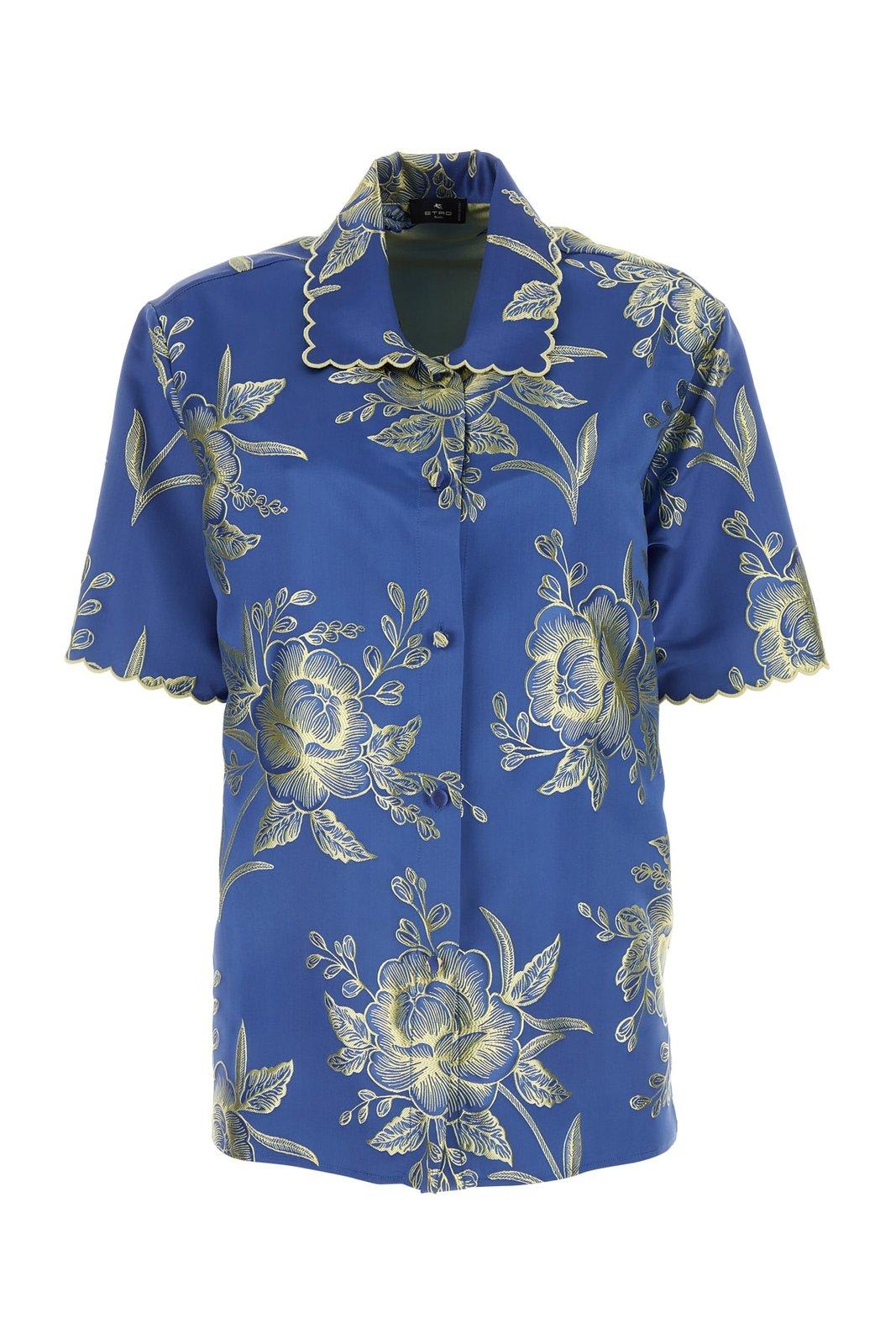 Shop Etro Floral-jacquard Short Sleeved Shirt In Blue