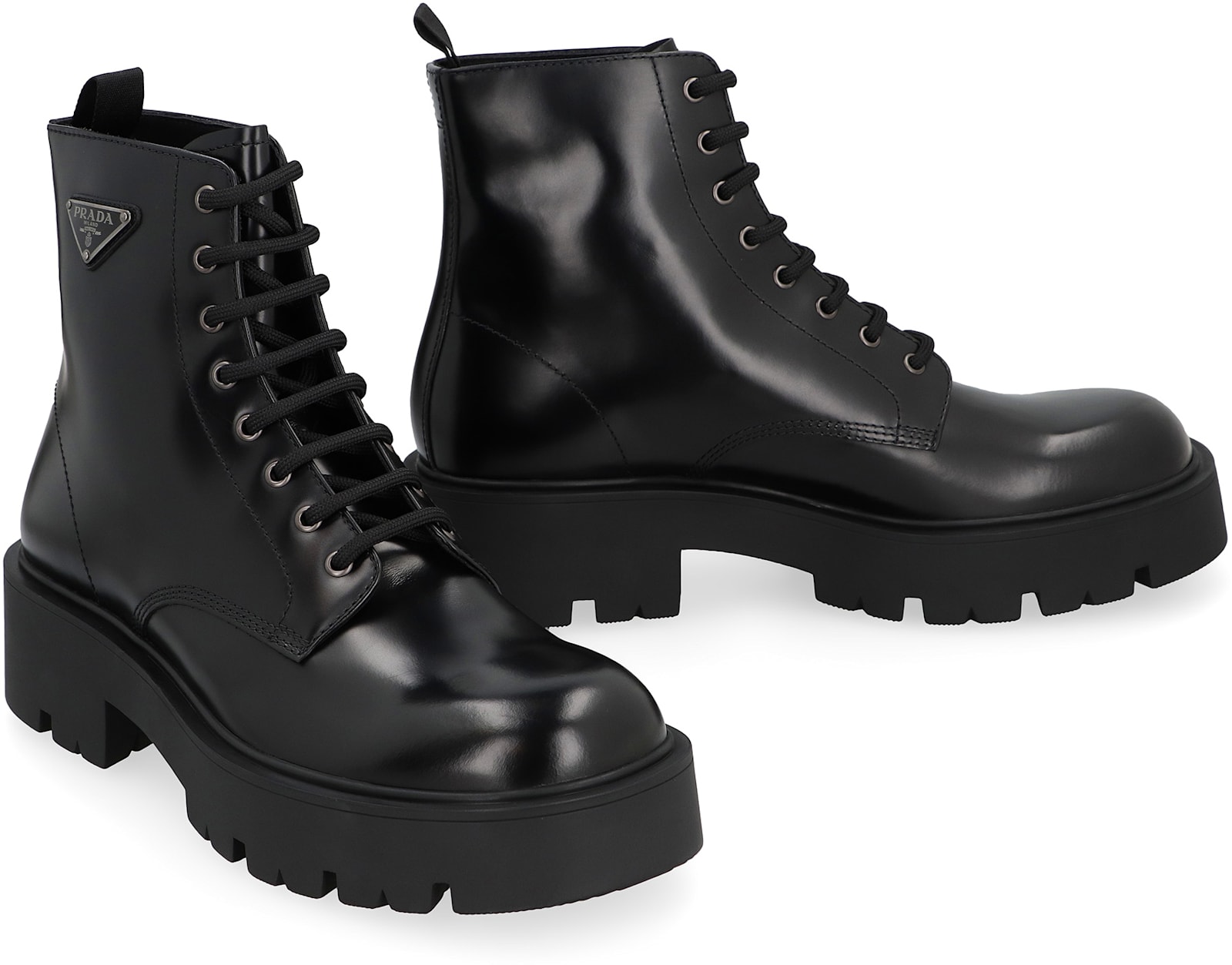 Shop Prada Leather Lace-up Boots In Black