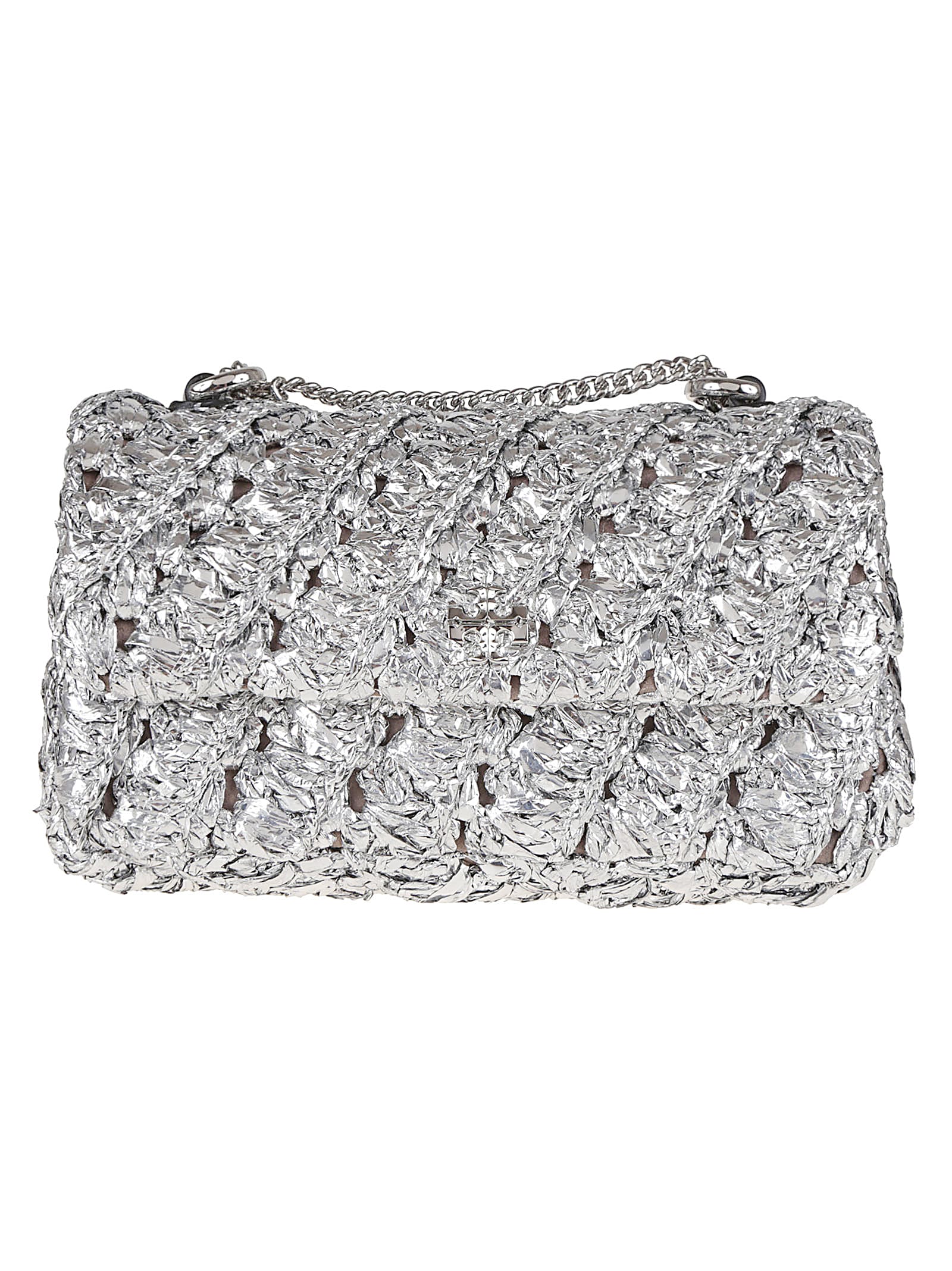 Tory Burch Woven Metallic Finish Shoulder Bag In Silver