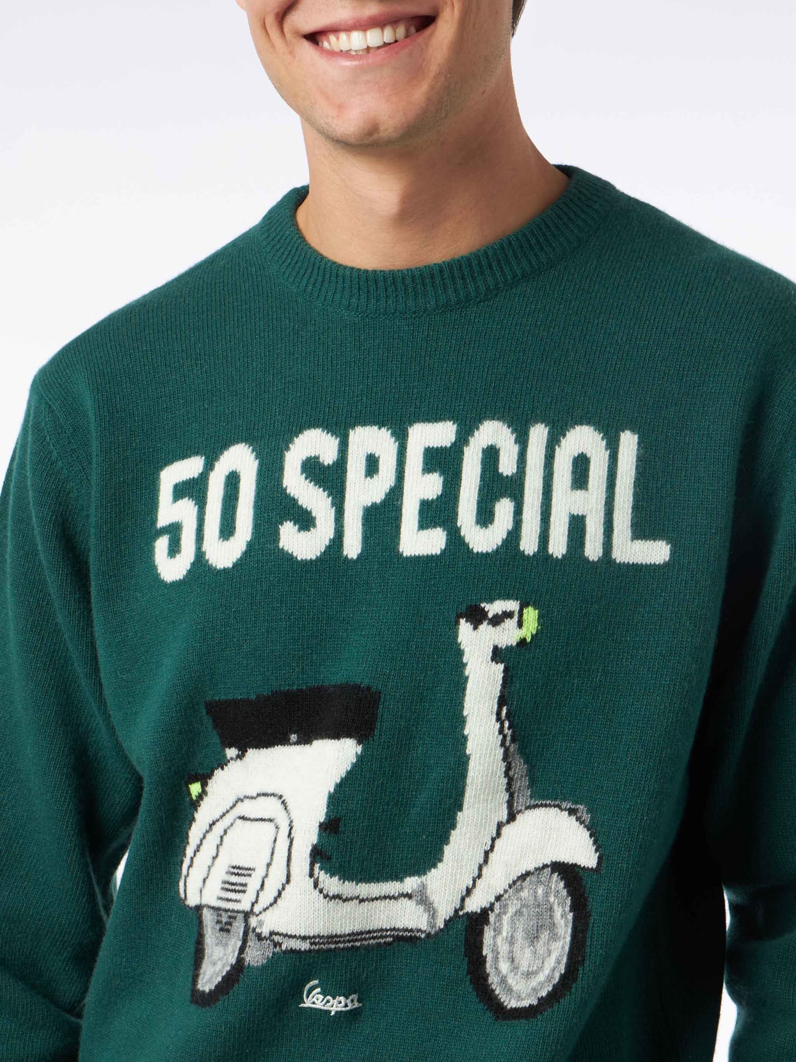 Shop Mc2 Saint Barth Man Crewneck Sweater With Vespa Jacquard Print Vespa© Special Edition In Green