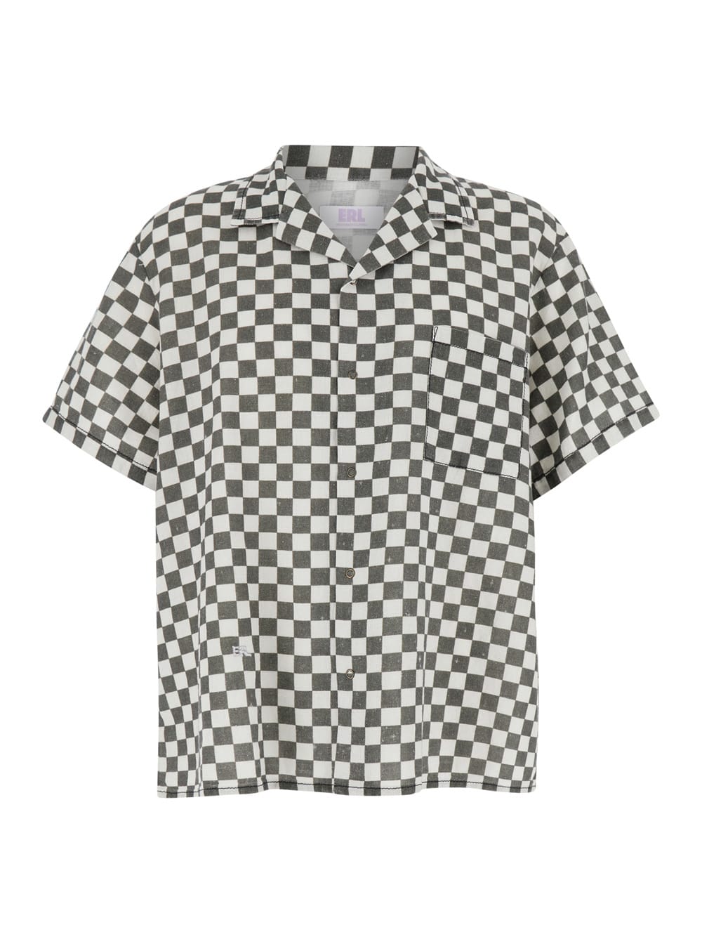 Black And White Bowling Shirt With Check Motif In Cotton And Linen Man