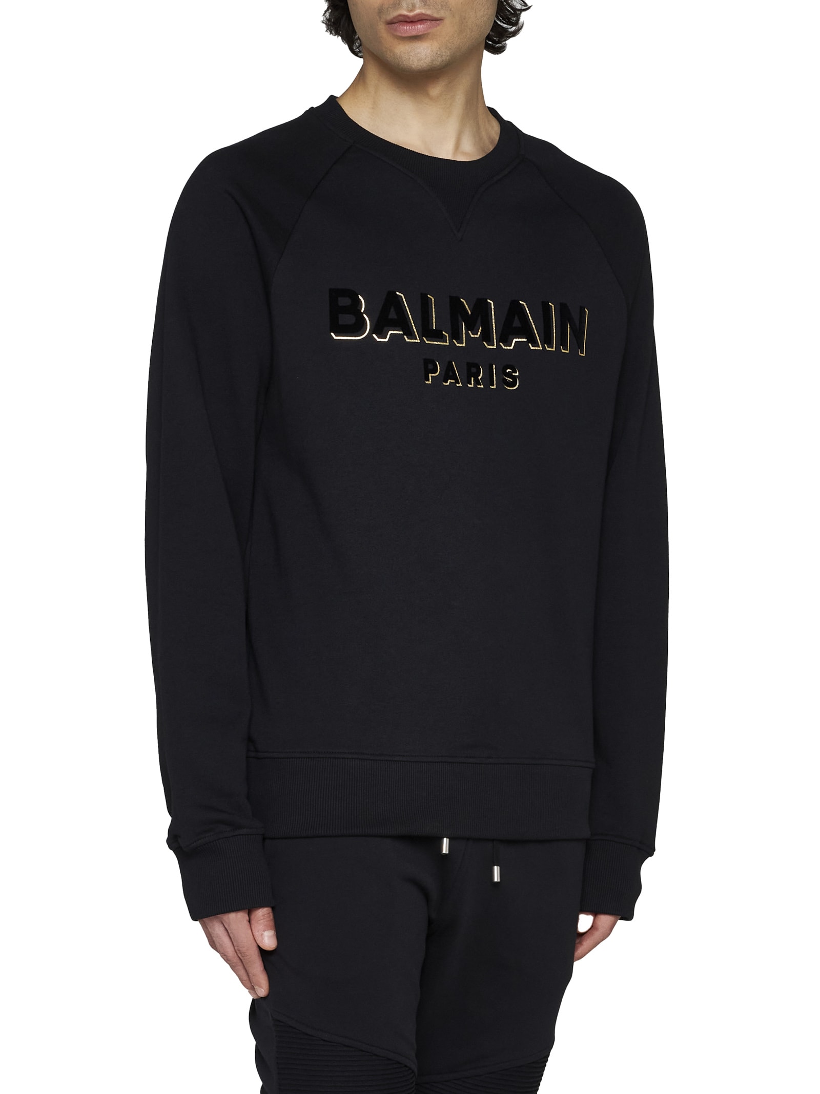 Balmain Flocked Logo Sweatshirt With Metallic Accents In Noir Noir Or