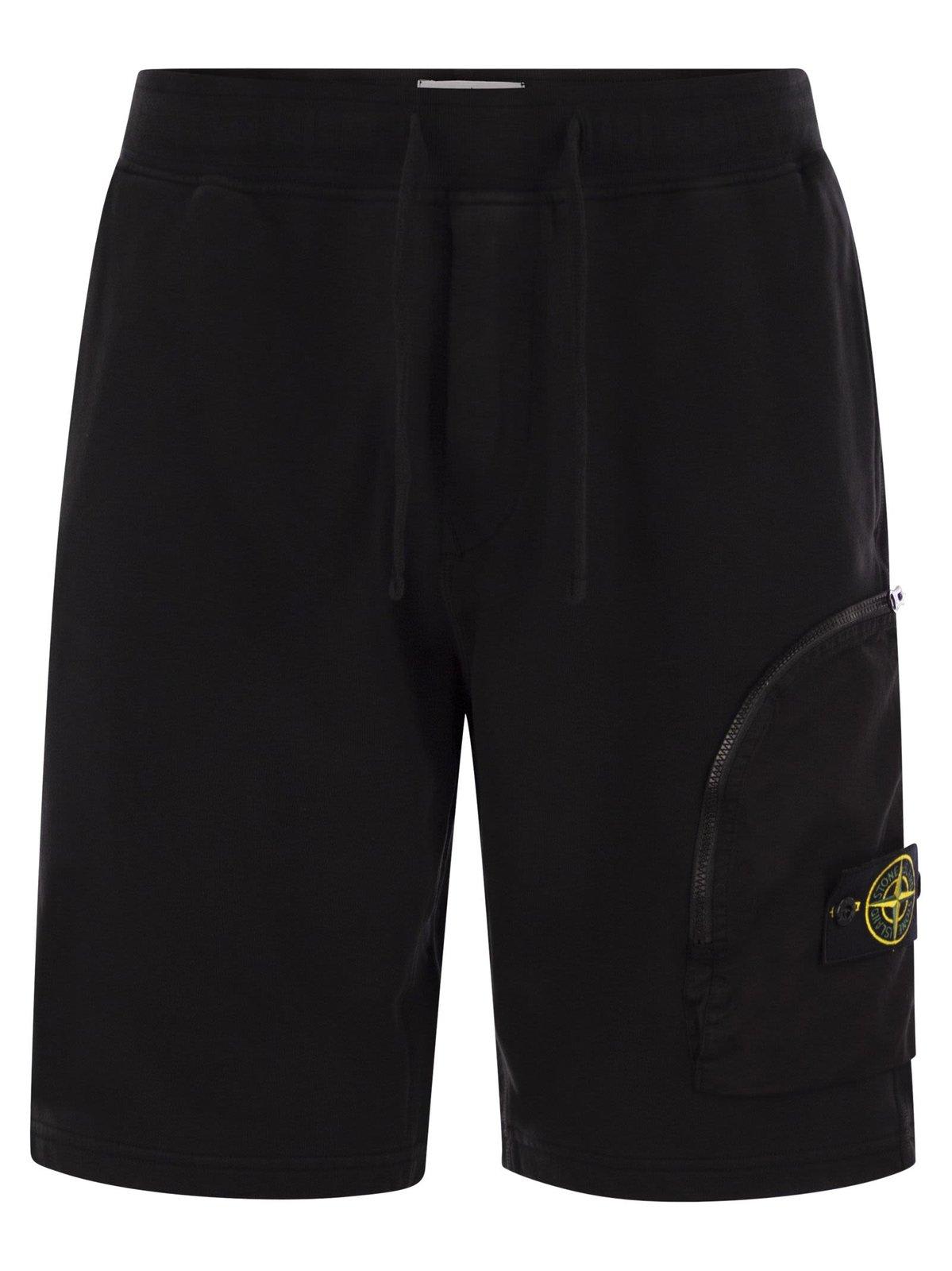 Stone Island Blue Shorts With Elastic Drawstring Waist And Logo Patch On The Front In Cotton Man In Nero
