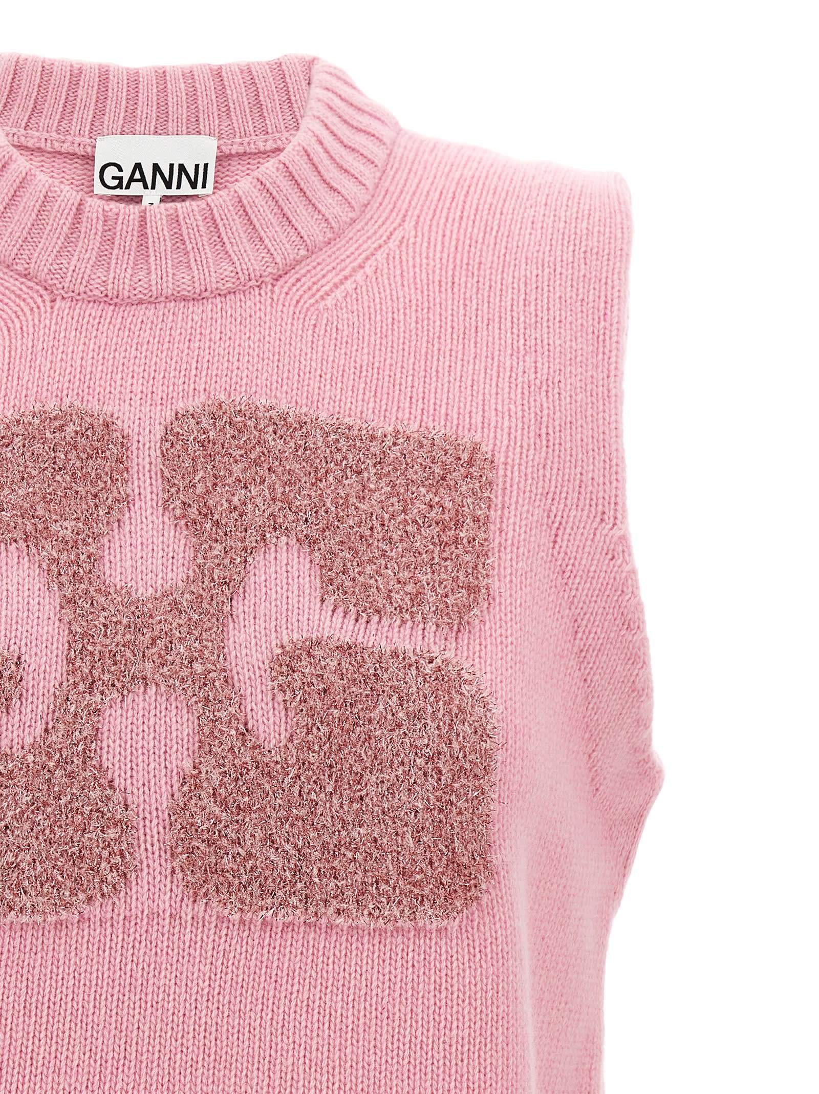 Shop Ganni Lurex Logo Vest In Pink