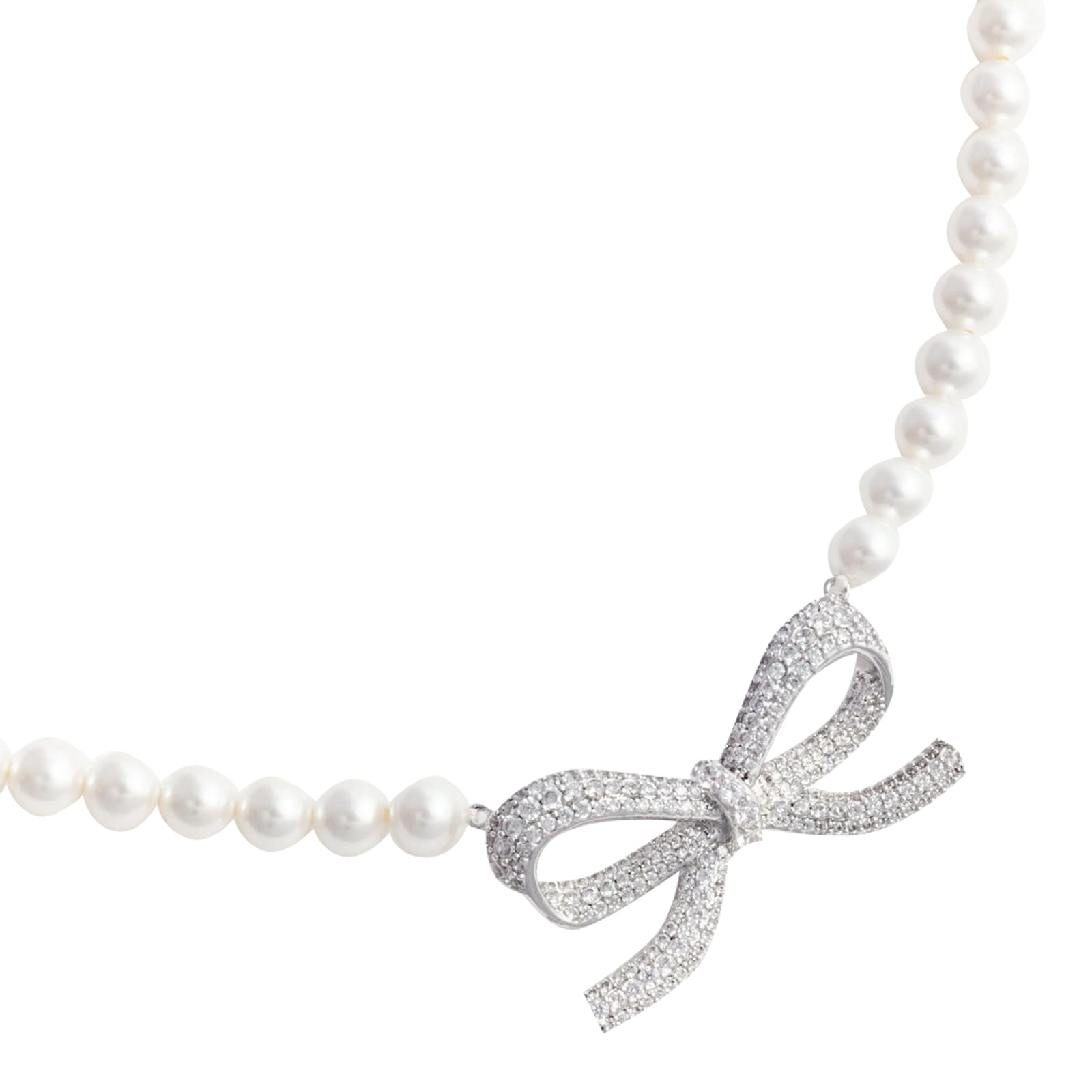 Self-portrait Lustrous Pearl Necklace With Bow-shaped Pendant In Metallic