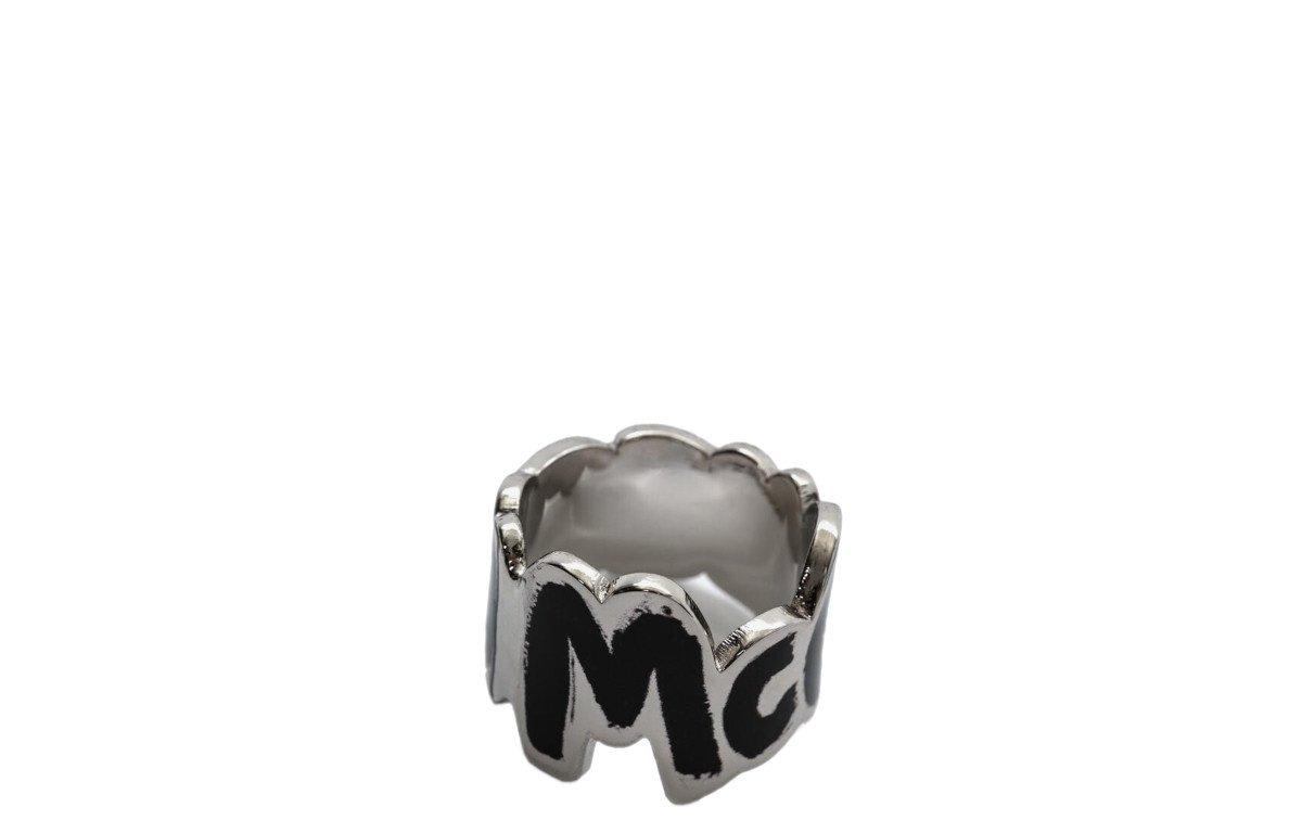 Shop Alexander Mcqueen Logo Engraved Cut Out Ring In Silver