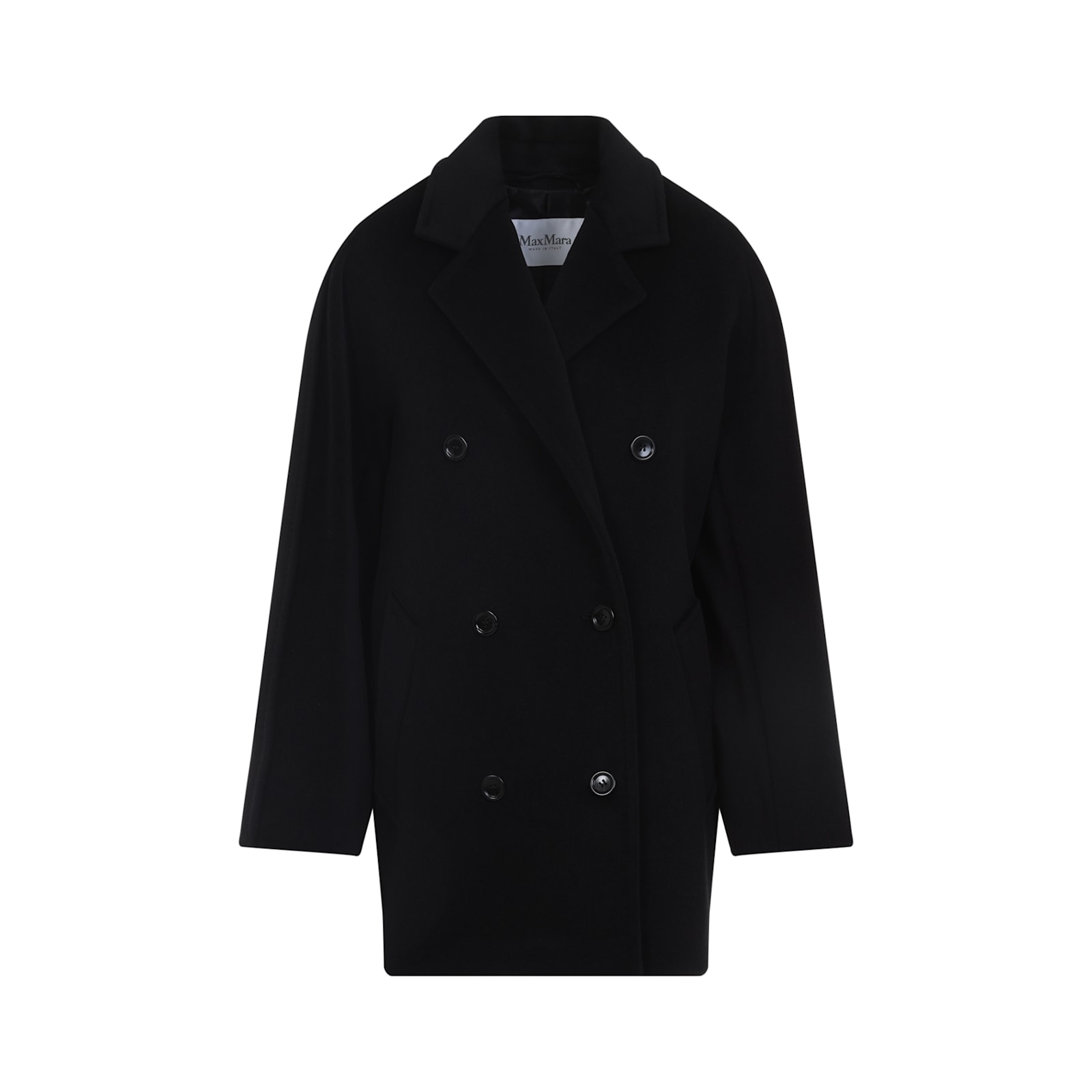 Max Mara Double-breasted Wool Cashmere Coat With Notched Collar In Black