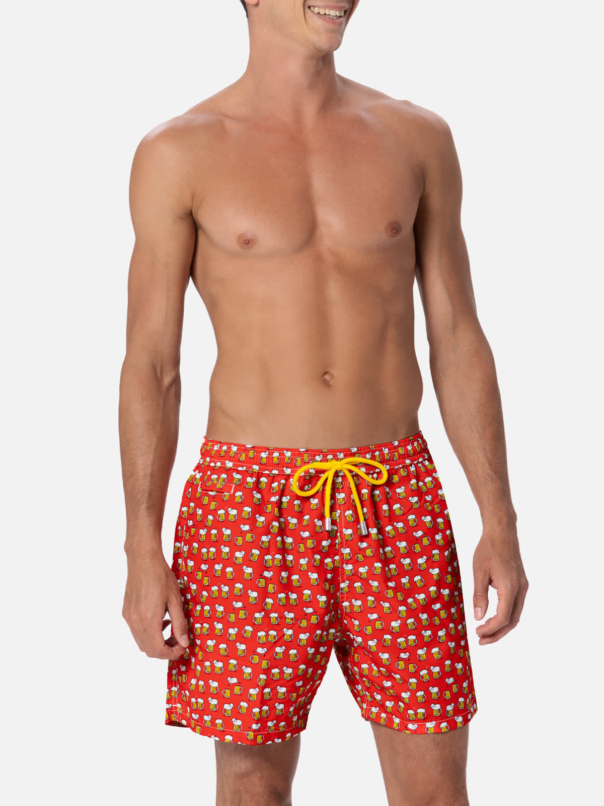 Mc2 Saint Barth Man Lightweight Fabric Swim-shorts Lighting Micro Fantasy With Beer Print In Red