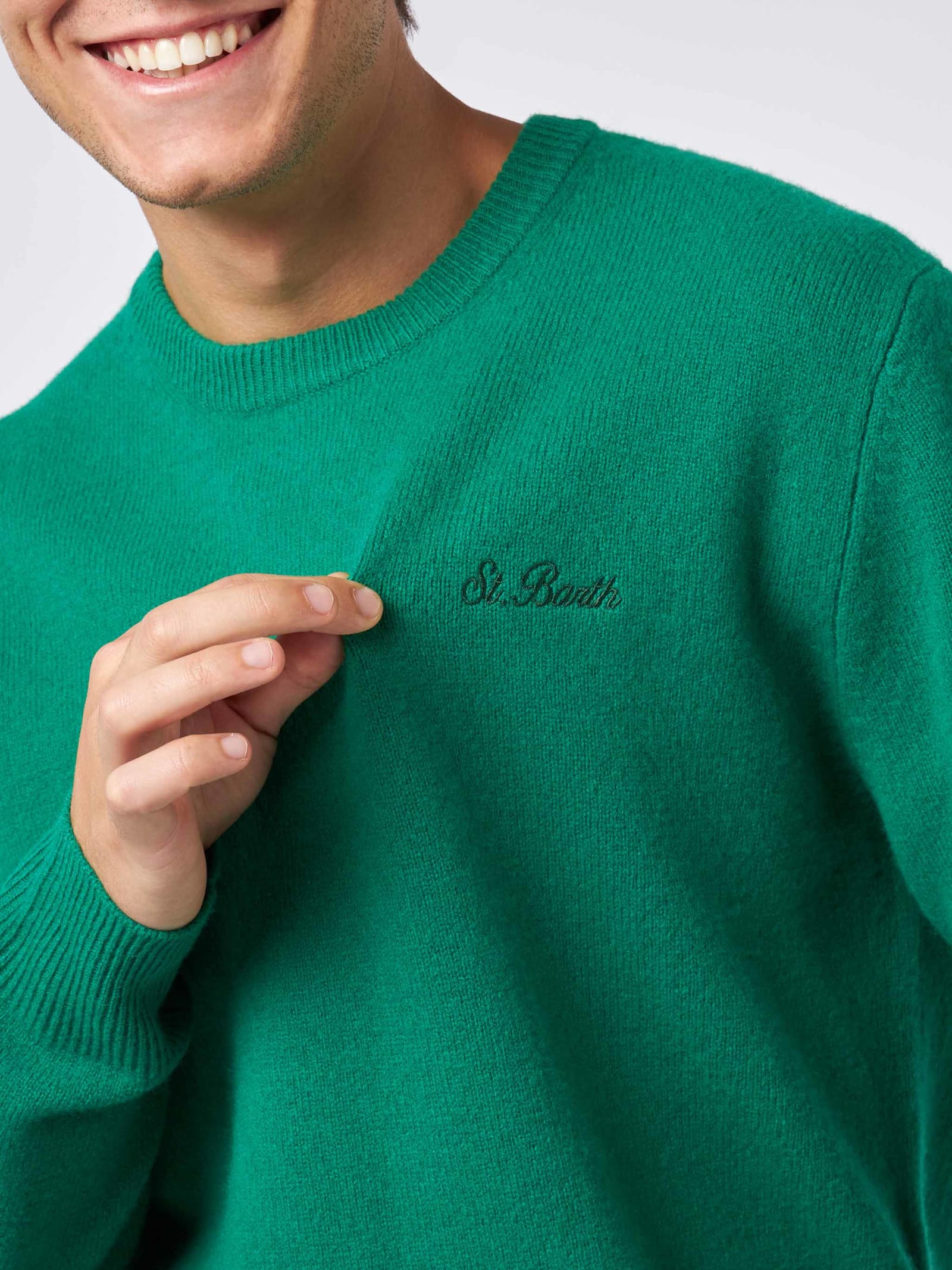 Mc2 Saint Barth Man Crewneck Green Sweater With St. Barth Embroidery In Green