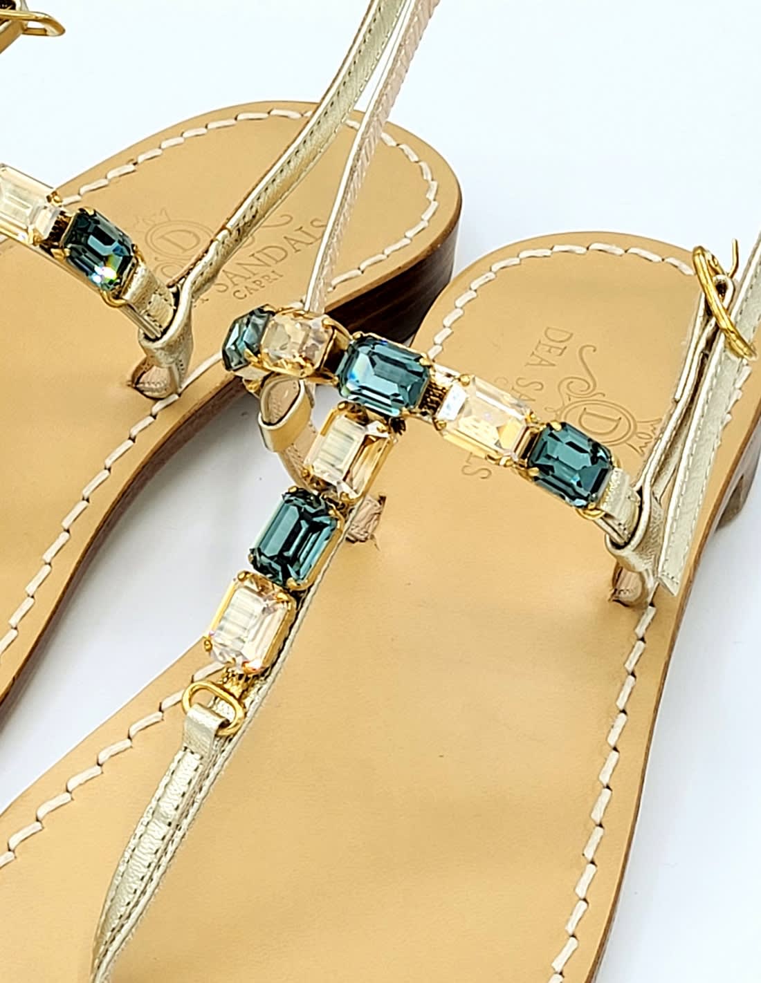 Dea Sandals Sibilla Green Amber Jewel Sandals In Platinum Gold Laminated, Petrol, Amber