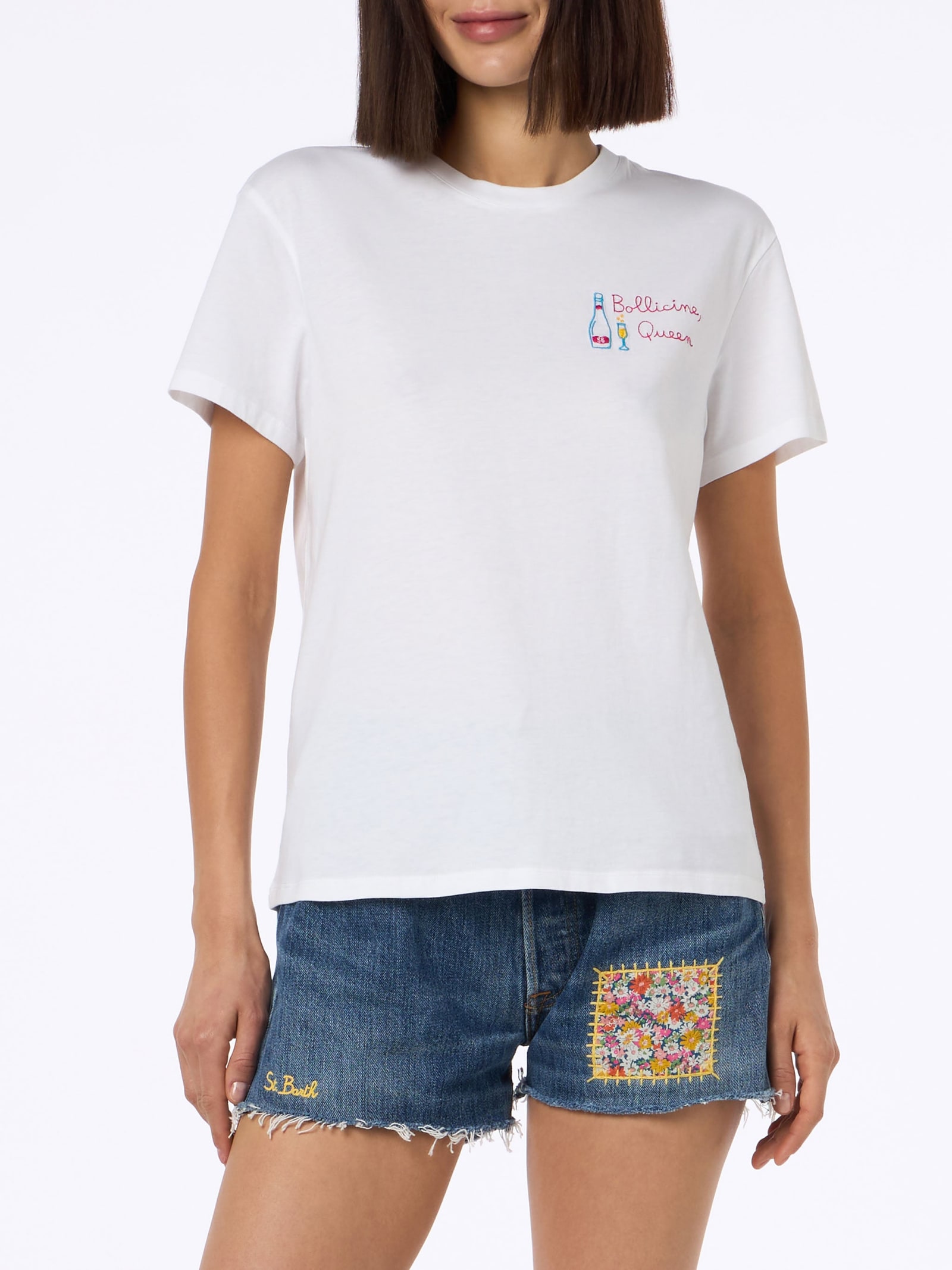 Mc2 Saint Barth Woman White Cotton Jersey Crewneck T-shirt Emilie With Bollicine Queen Embroidery In White