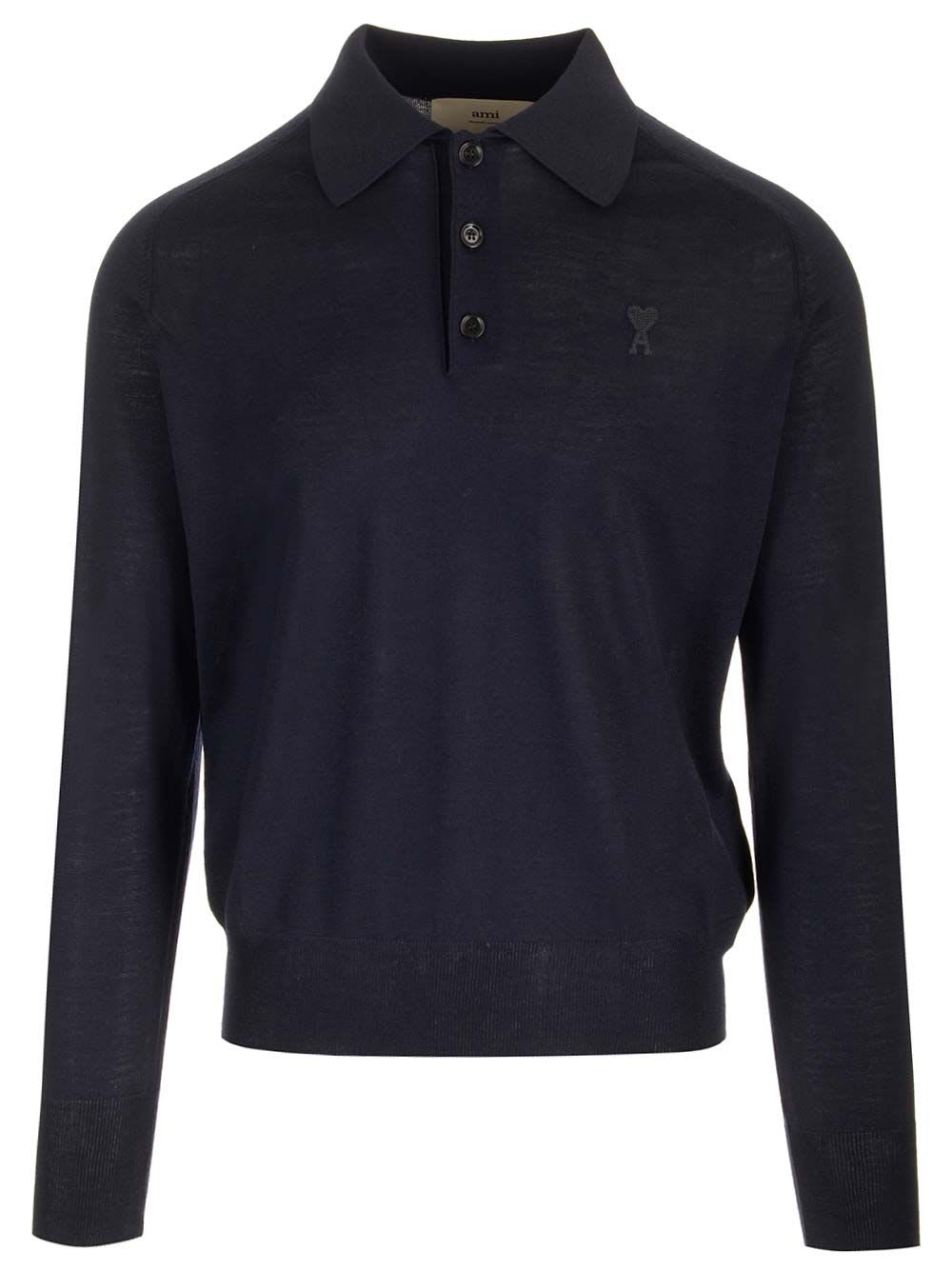 Shop Ami Alexandre Mattiussi Long-sleeved Wool Polo In Blue