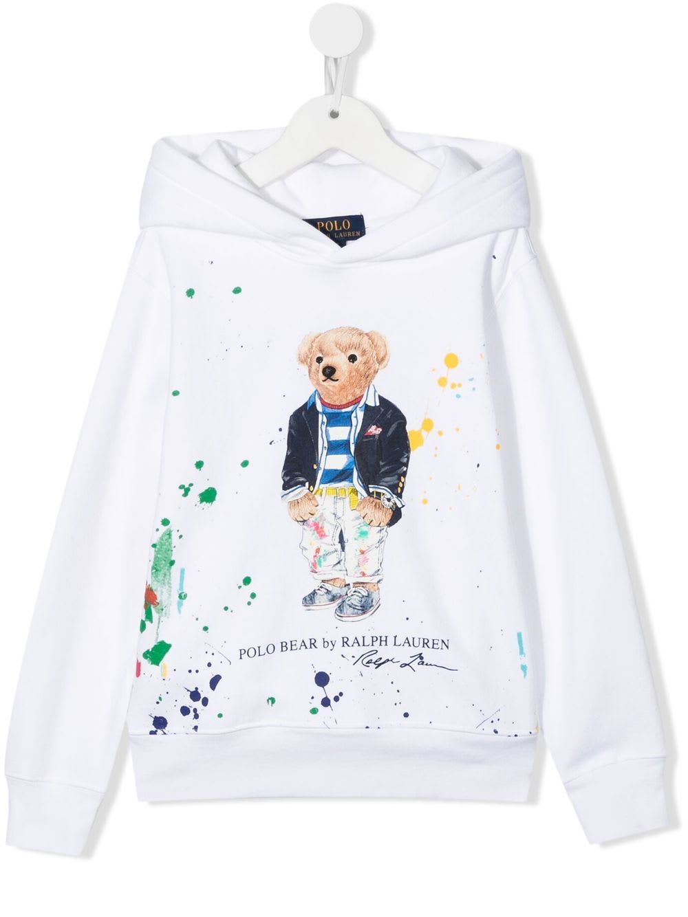 Polo Ralph Lauren Kids Boys White Cotton Hoodie With Logo Print And Color Splash Details
