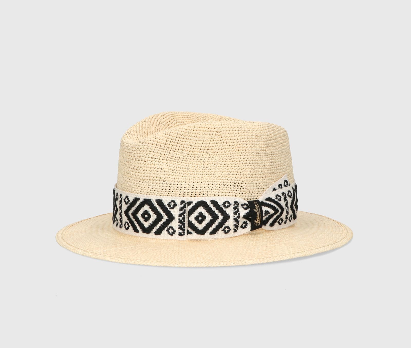 Borsalino Country Panama Semicrochet In Natural, Patterned Black/cream Hat Band