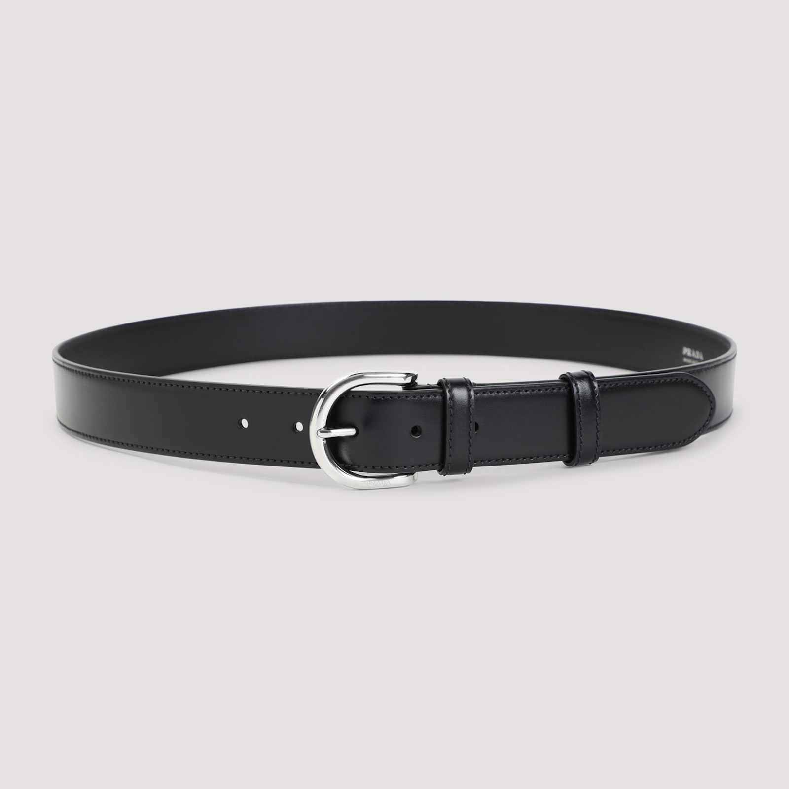 Prada Adjustable Leather Belt With Round Silver Buckle In Black