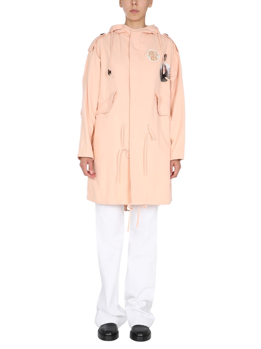 Shop Raf Simons Parka With Logo Patch In Pink