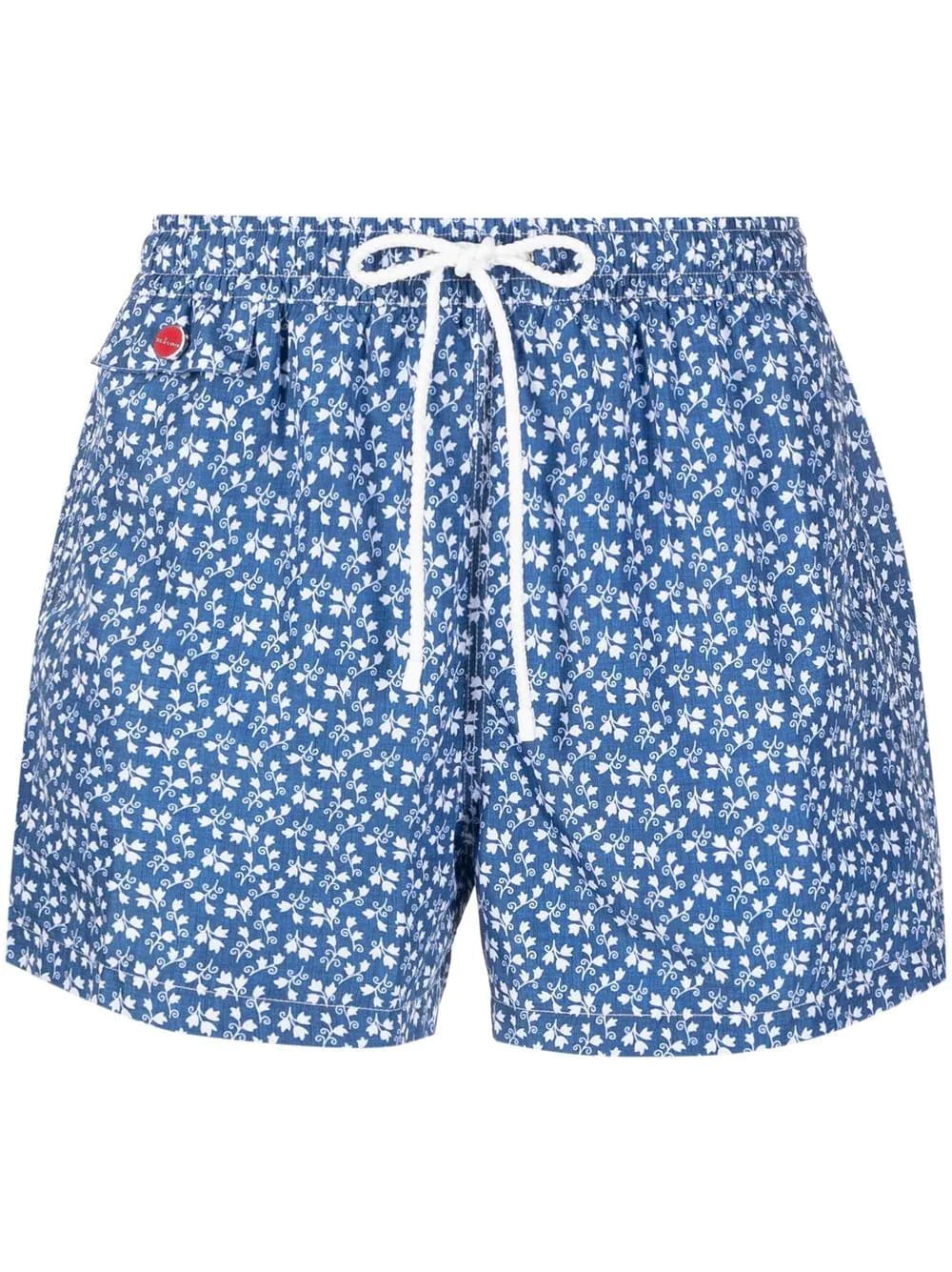 Kiton Navy Blue Swim Shorts With White Micro Floral Print