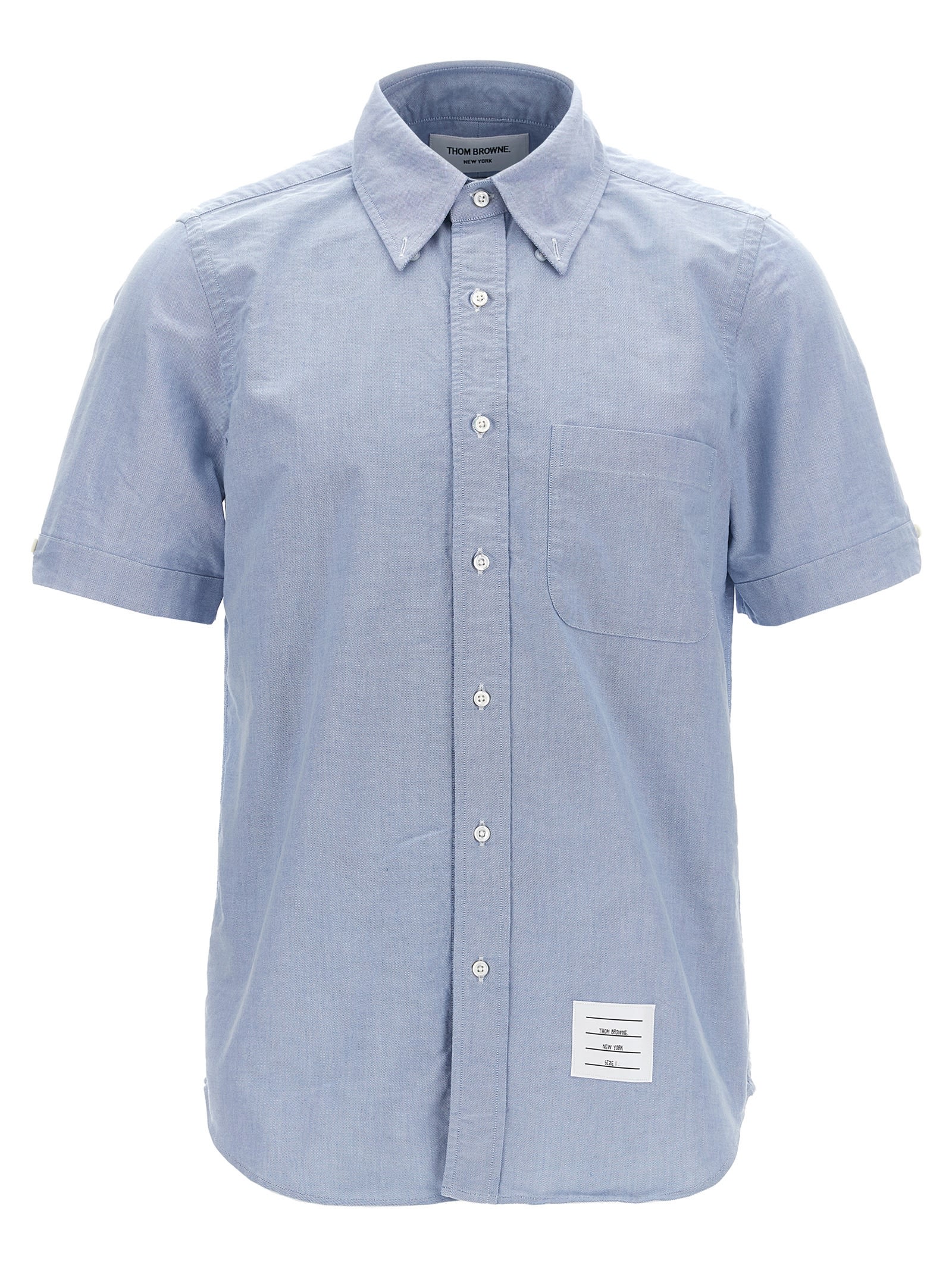 Thom Browne Collared Shirt With Front Pocket And Short Sleeves In Light Blue