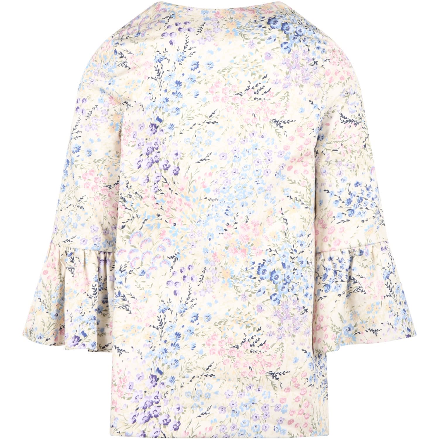 Shop Simonetta Ivory Coat For Girl With Floral Print In Multicolor