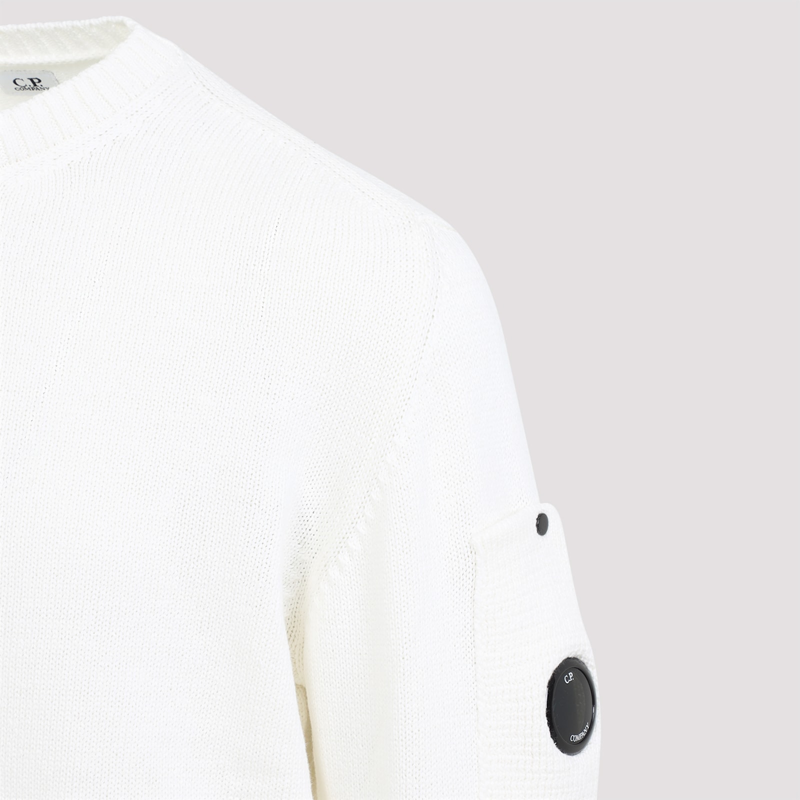 C.p. Company Crew Neck Sweater With Textured Finish And Logo Patch In Gauze White