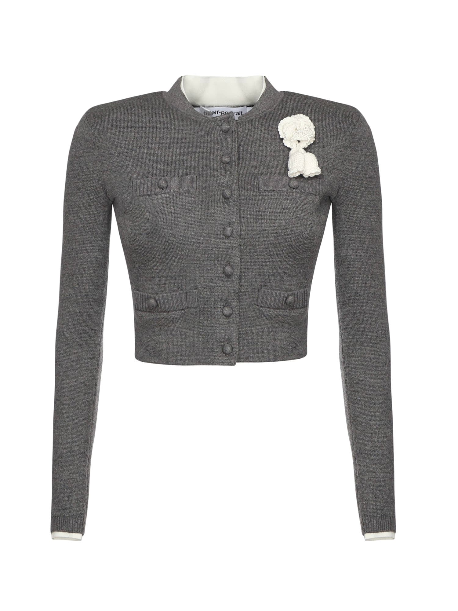 Self-portrait Grey Crochet Flower Cardigan Clothing In Gray