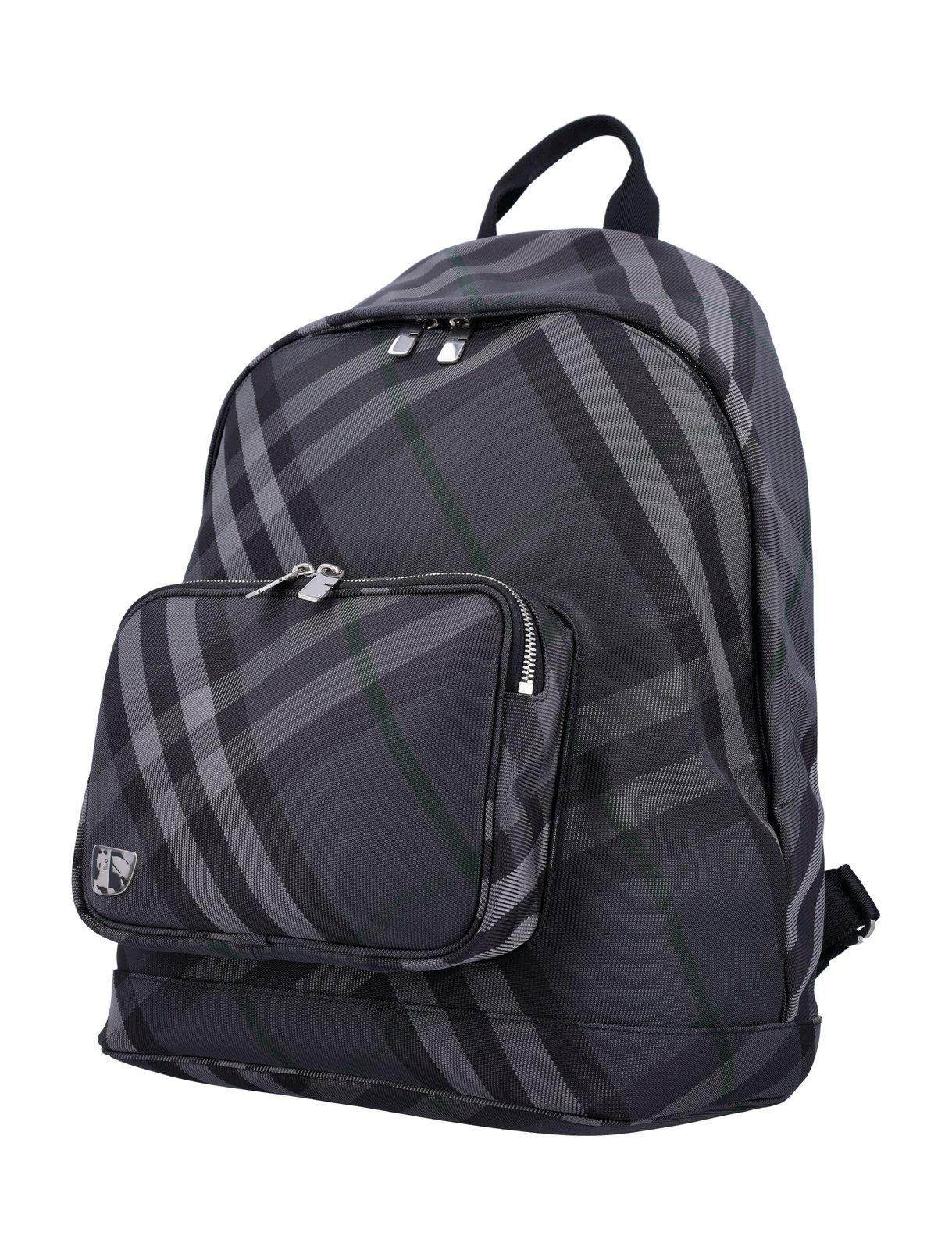 Shop Burberry Grid Check Printed Zipped Backpack In Grey