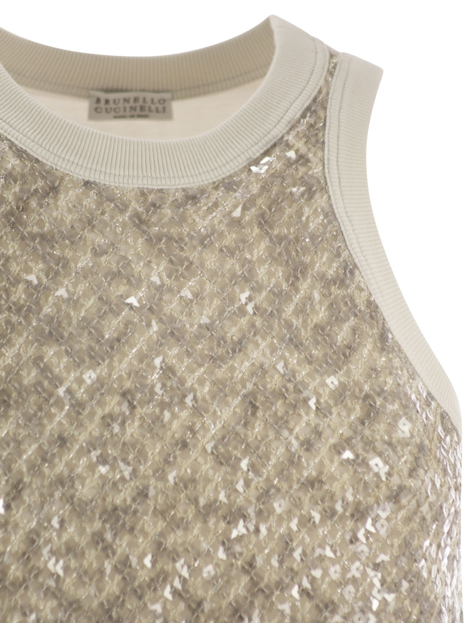 Brunello Cucinelli Stretch Cotton Jersey Top With Dazzling Net Embroidery In Light Beige