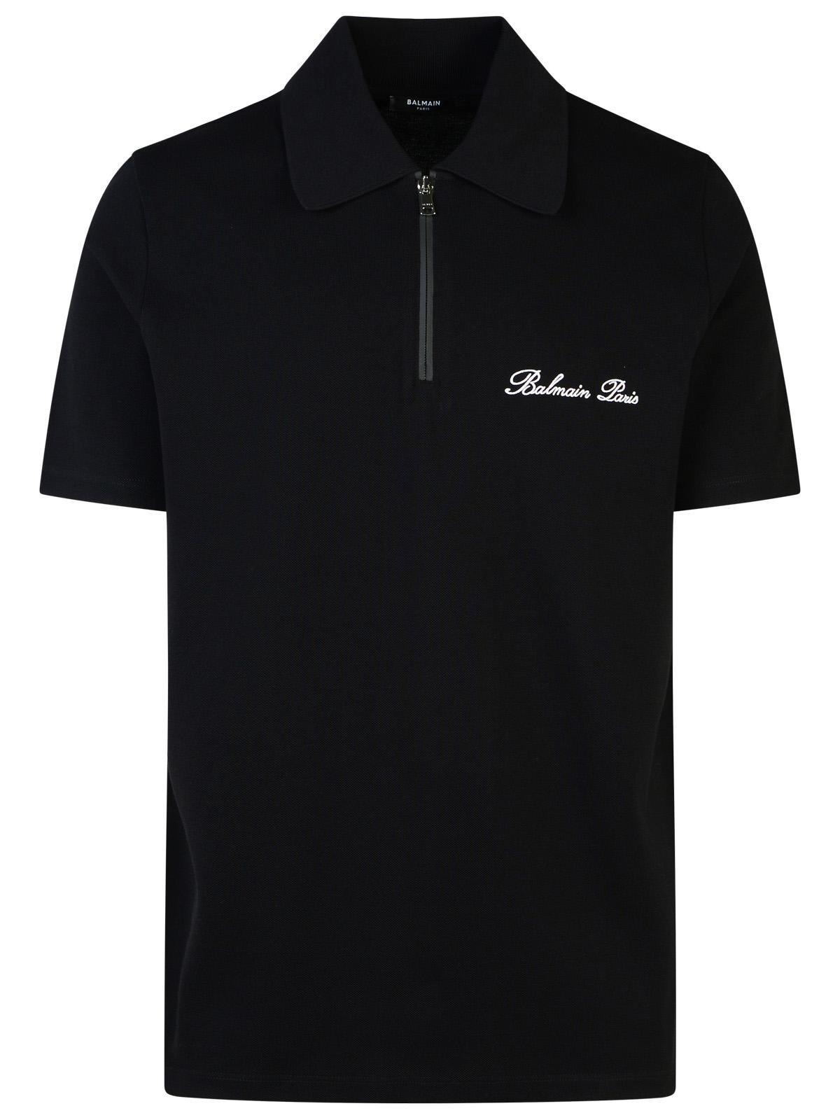Shop Balmain Signature Black Cotton Polo Shirt