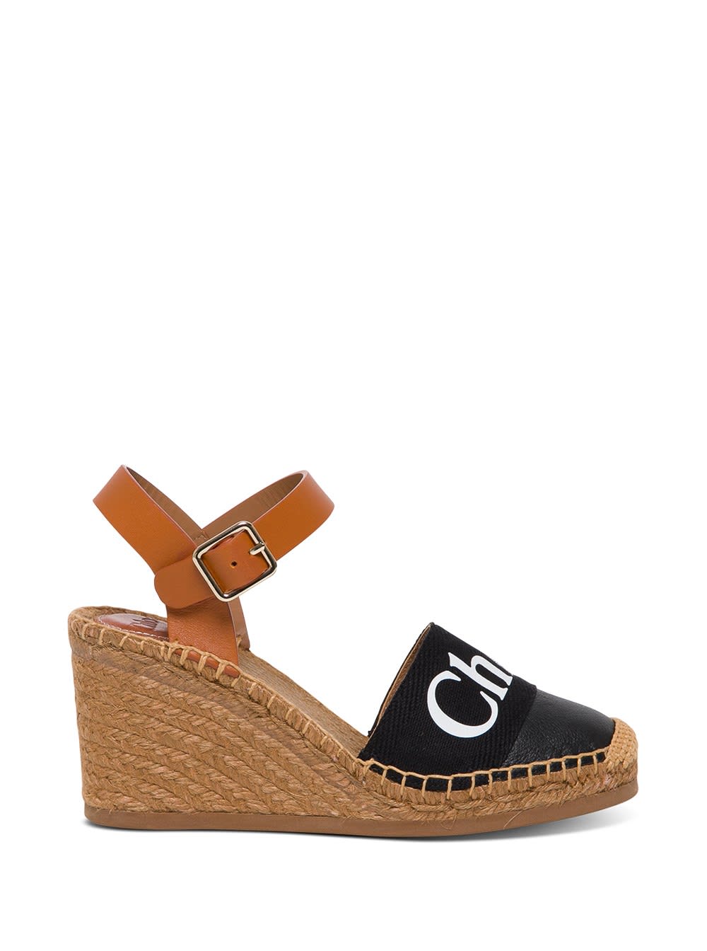 Chloé Woody Wedge Espadrilles In Leather And Canvas In Black