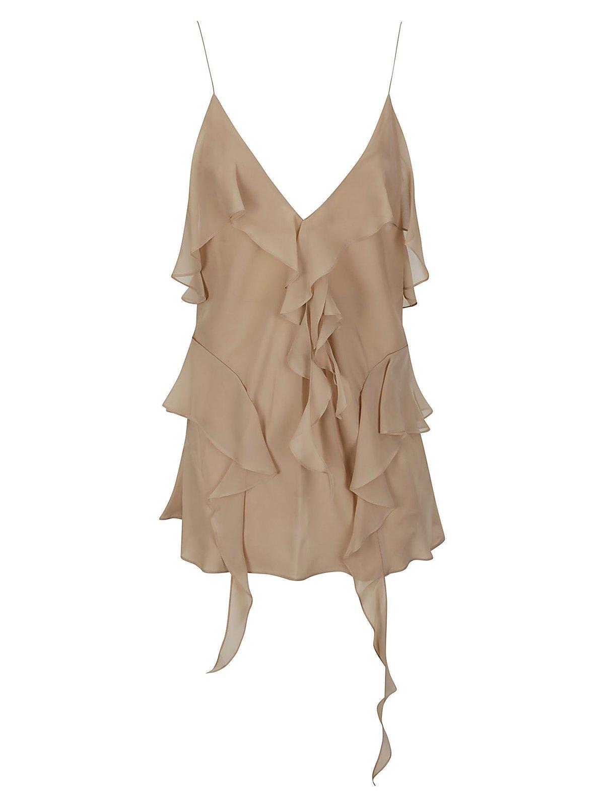 Shop Khaite The Piet Plunging V-neck Ruffled Top In Beige