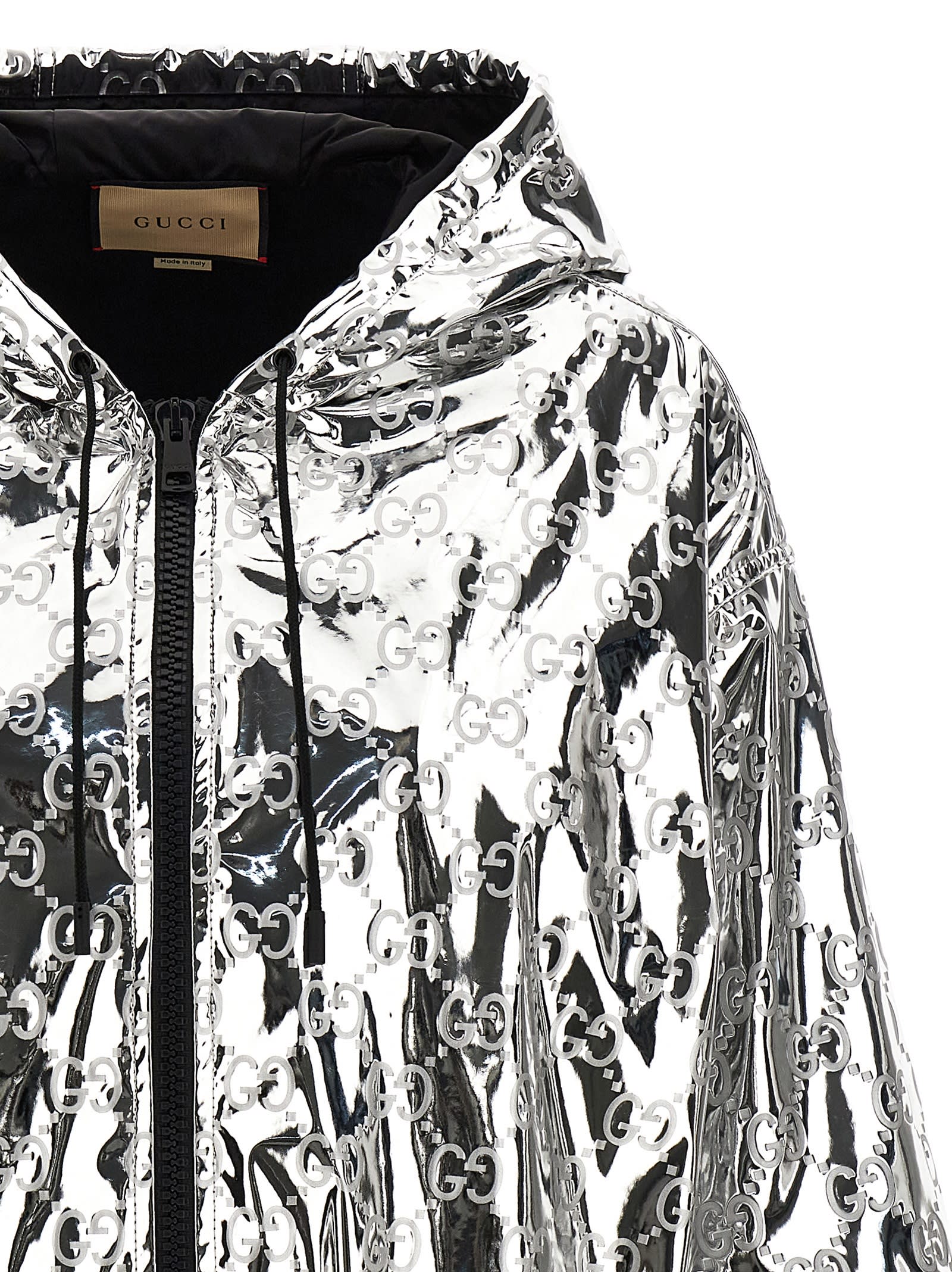 Gucci Shiny Finish Hooded Jacket With Elasticated Cuffs In Silver