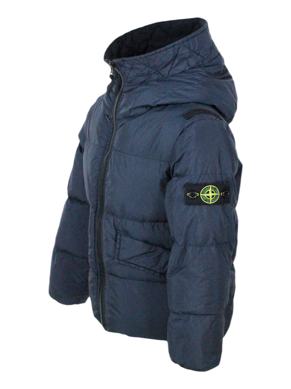 Stone Island Down Jacket In Real Goose Down With Hood In Nylon Metal Econyl In Regenerated Yarns. Ba In Blue