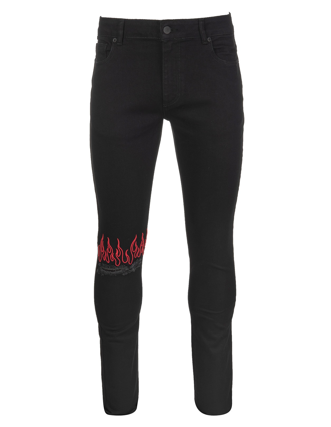 Vision of Super Man Skinny Jeans In Black Denim With Red Flame