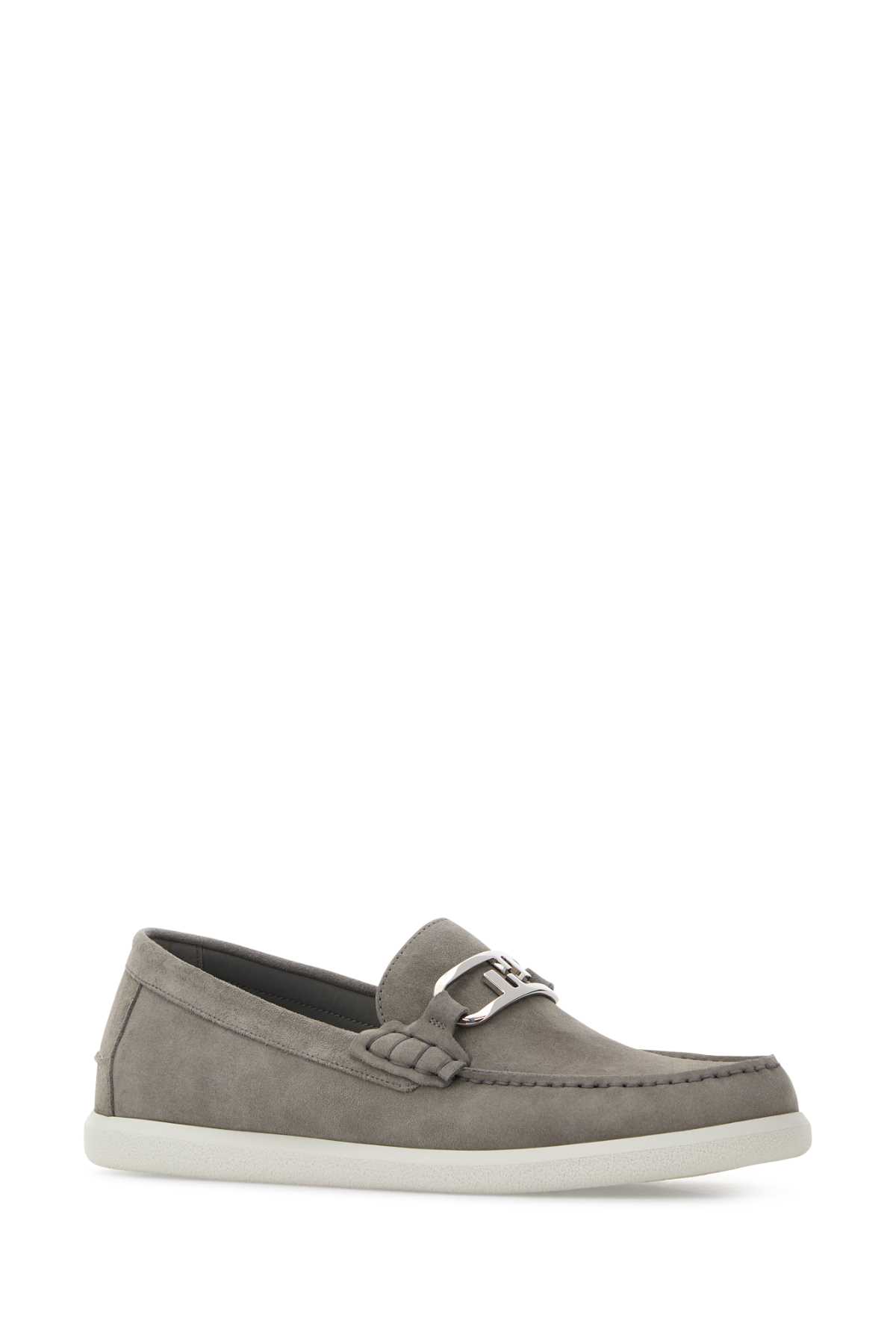 Fendi Suede O Lock Light Loafers With Metal Buckle In Gray