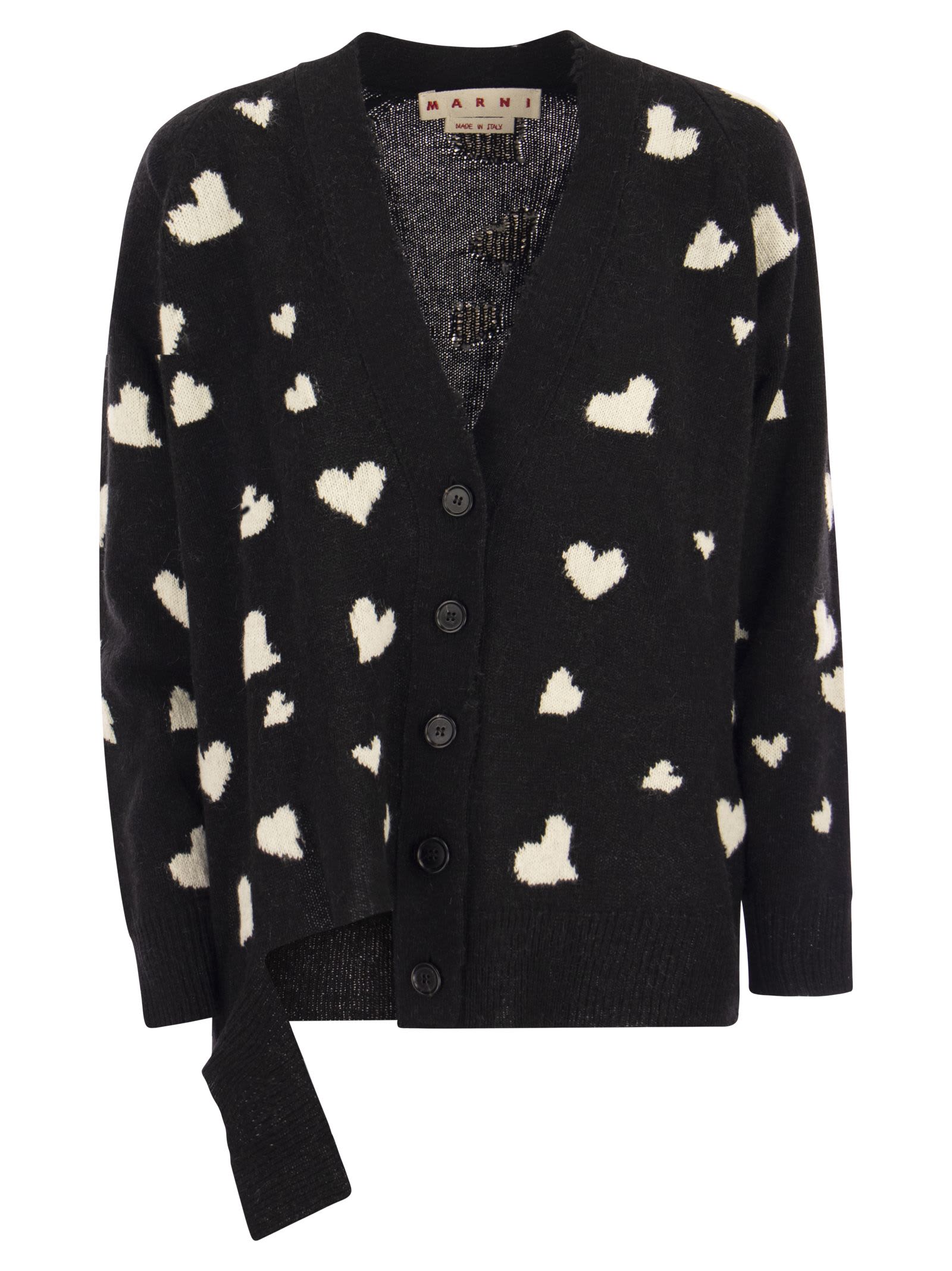 Shop Marni Long Wool Cardigan With Bunch Of Hearts Motif