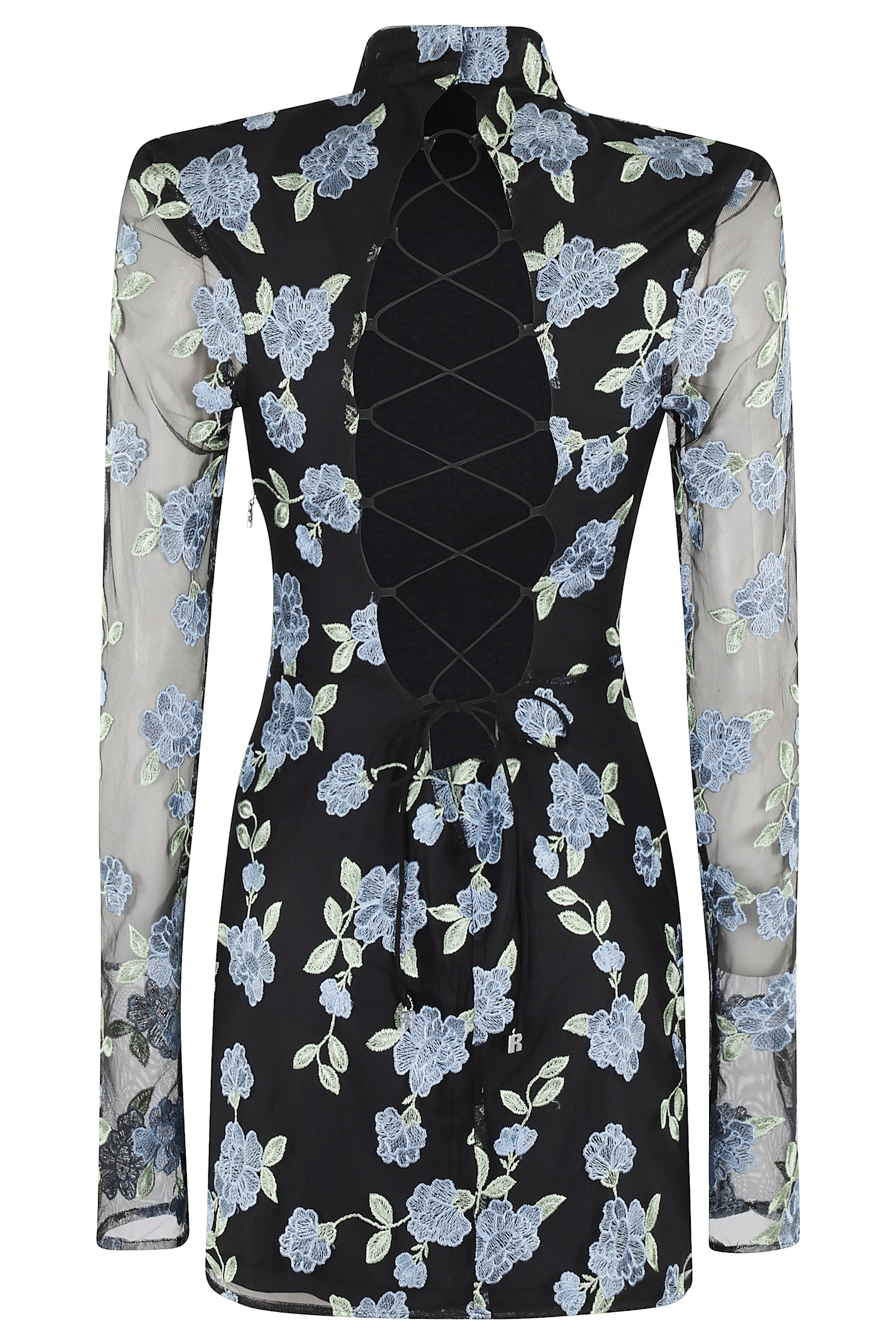 Rotate Birger Christensen Mini Dress With Semi Sheer Sleeves And All-over Floral Motif In Tech Fabric