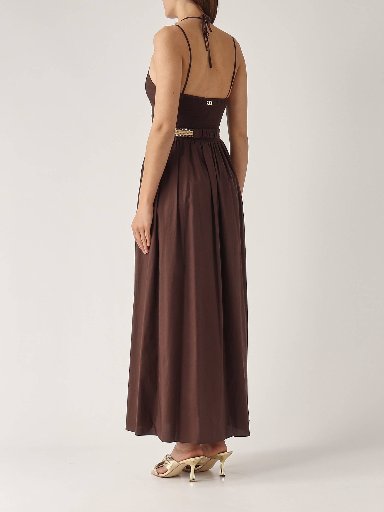 Twinset Coffee Brown Cotton Blended Long Dress With Belt Waist In Caffe