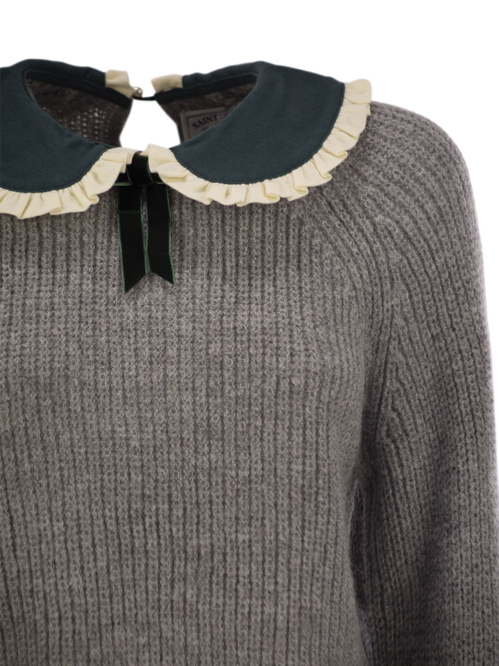Mc2 Saint Barth Calia - Ribbed Jumper With Velvet Collar And Bow In Grey