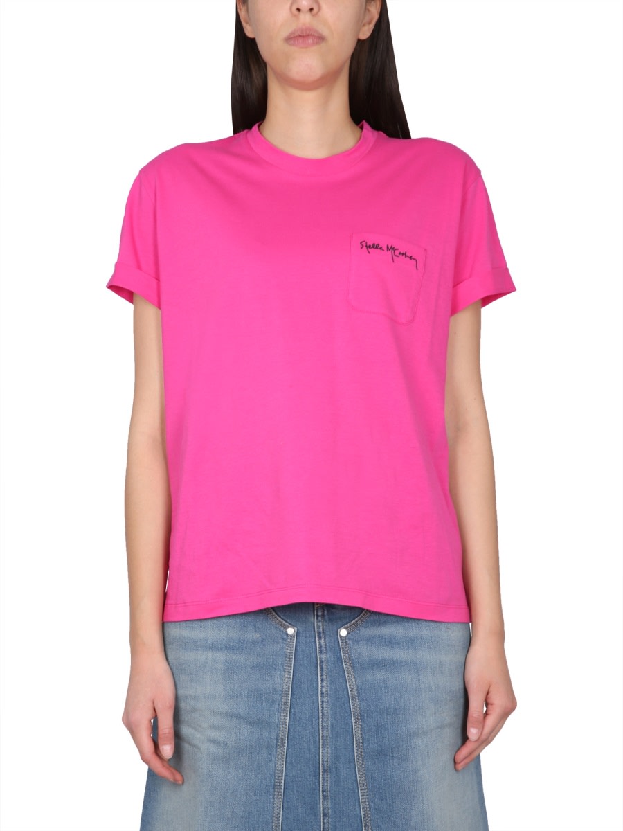 Shop Stella Mccartney T-shirt With Logo Embroidery In Fuchsia