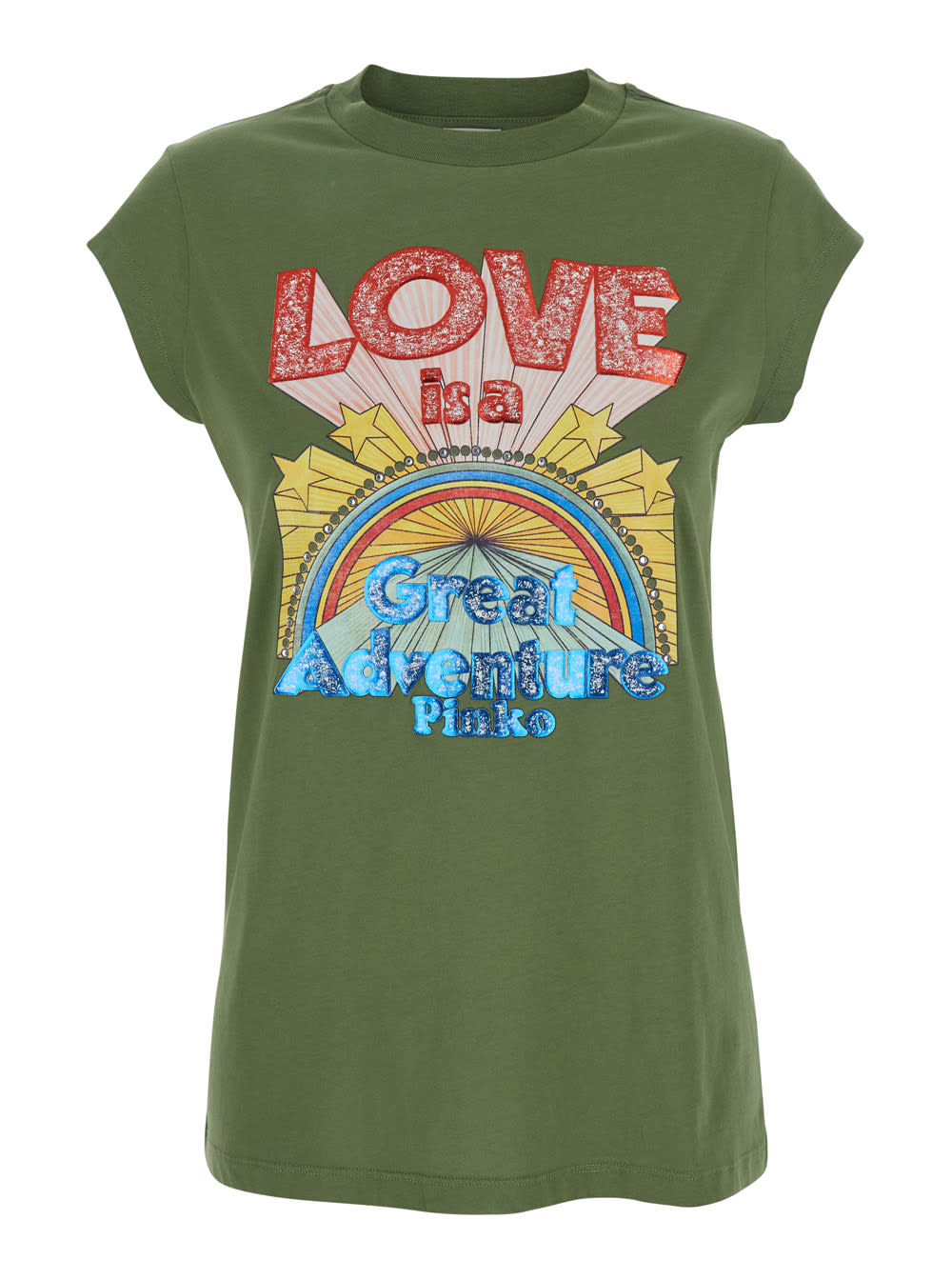 Pinko Green T-shirt With Graphic Print On The Front In Cotton Woman In Green