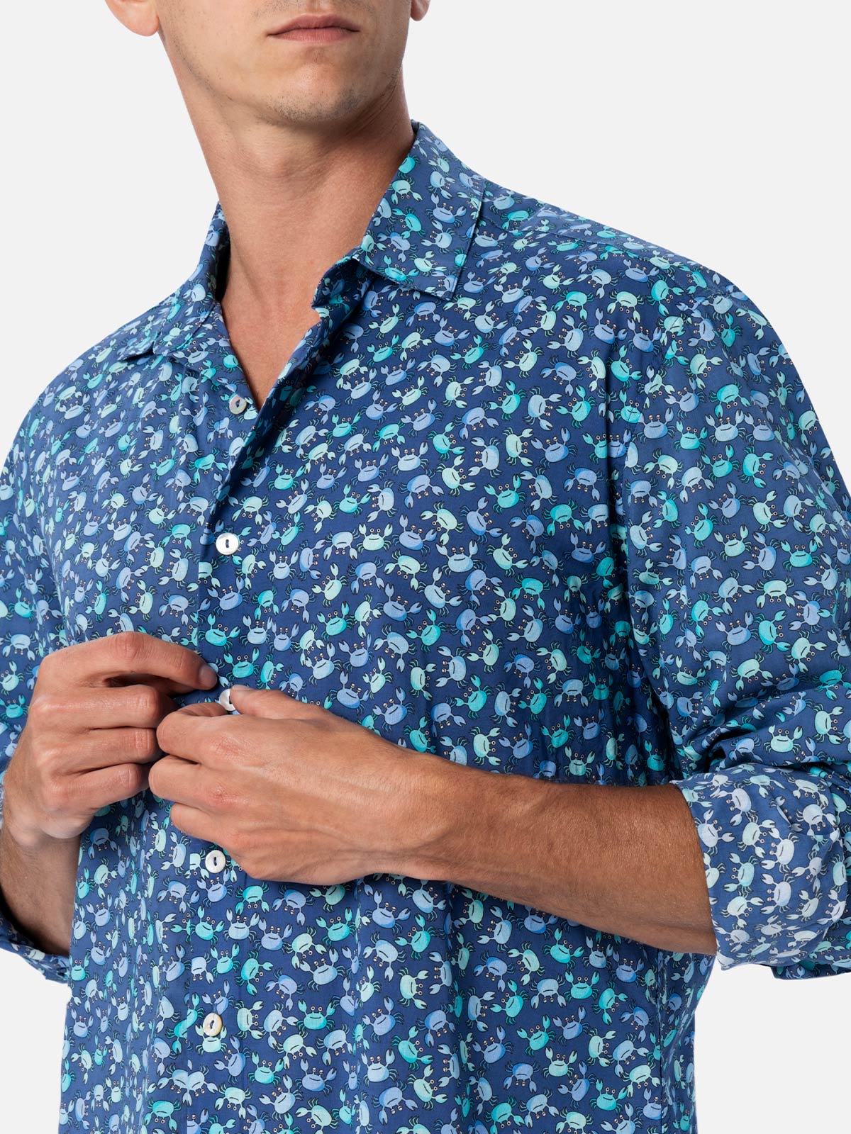 Mc2 Saint Barth Man Muslin Cotton Shirt Sikelia With Crabs Print In Blue