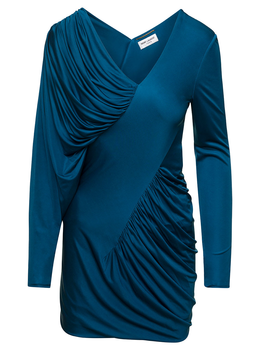 SAINT LAURENT MINI BLUE DRESS WITH V NECKLINE AND GATHERING DETAIL IN VISCOSE WOMAN