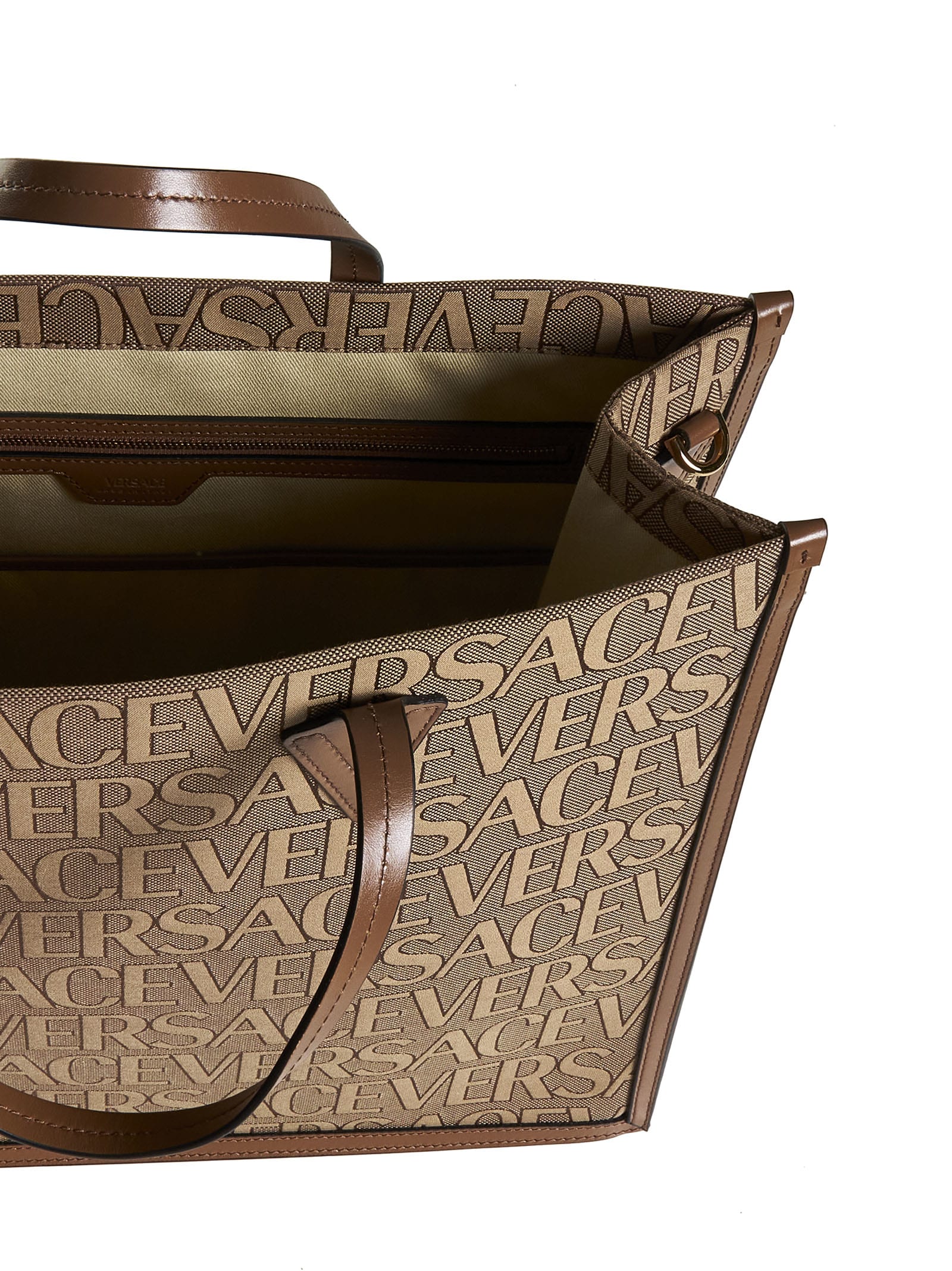 Shop Versace Tote In Beige+brown-oro