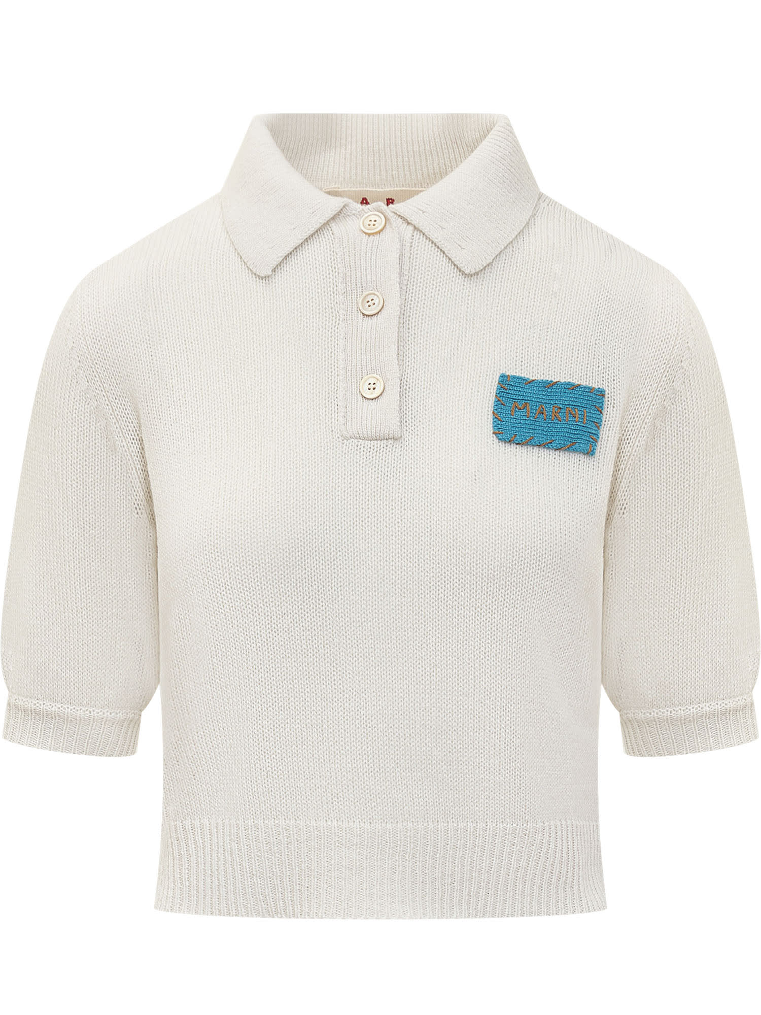 Shop Marni Cashmere Flower Detail Polo In Alabaster