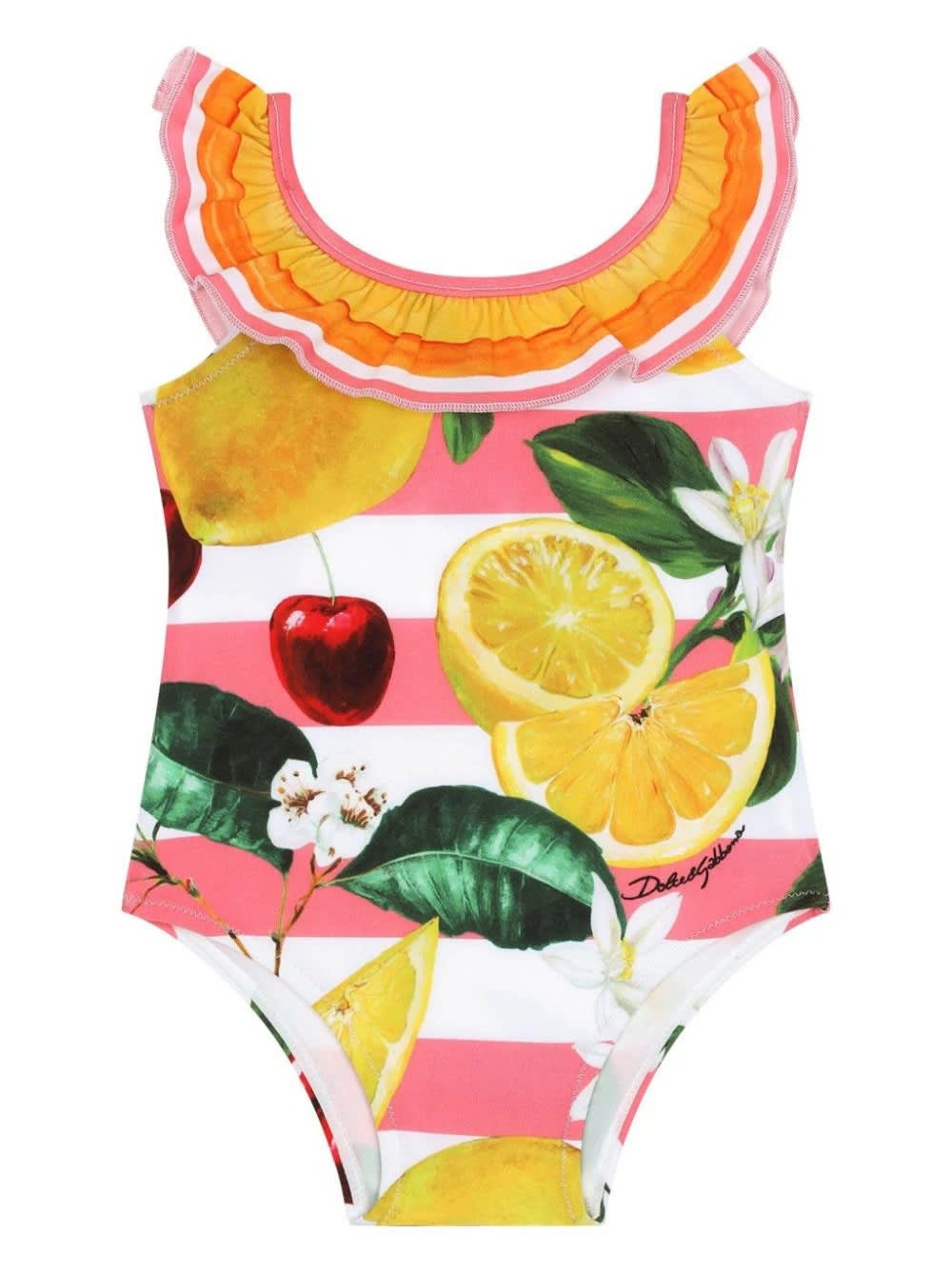 Shop Dolce & Gabbana Stretch Fabric One-piece Swimwear With Lemon And Cherry Print In Multicolour