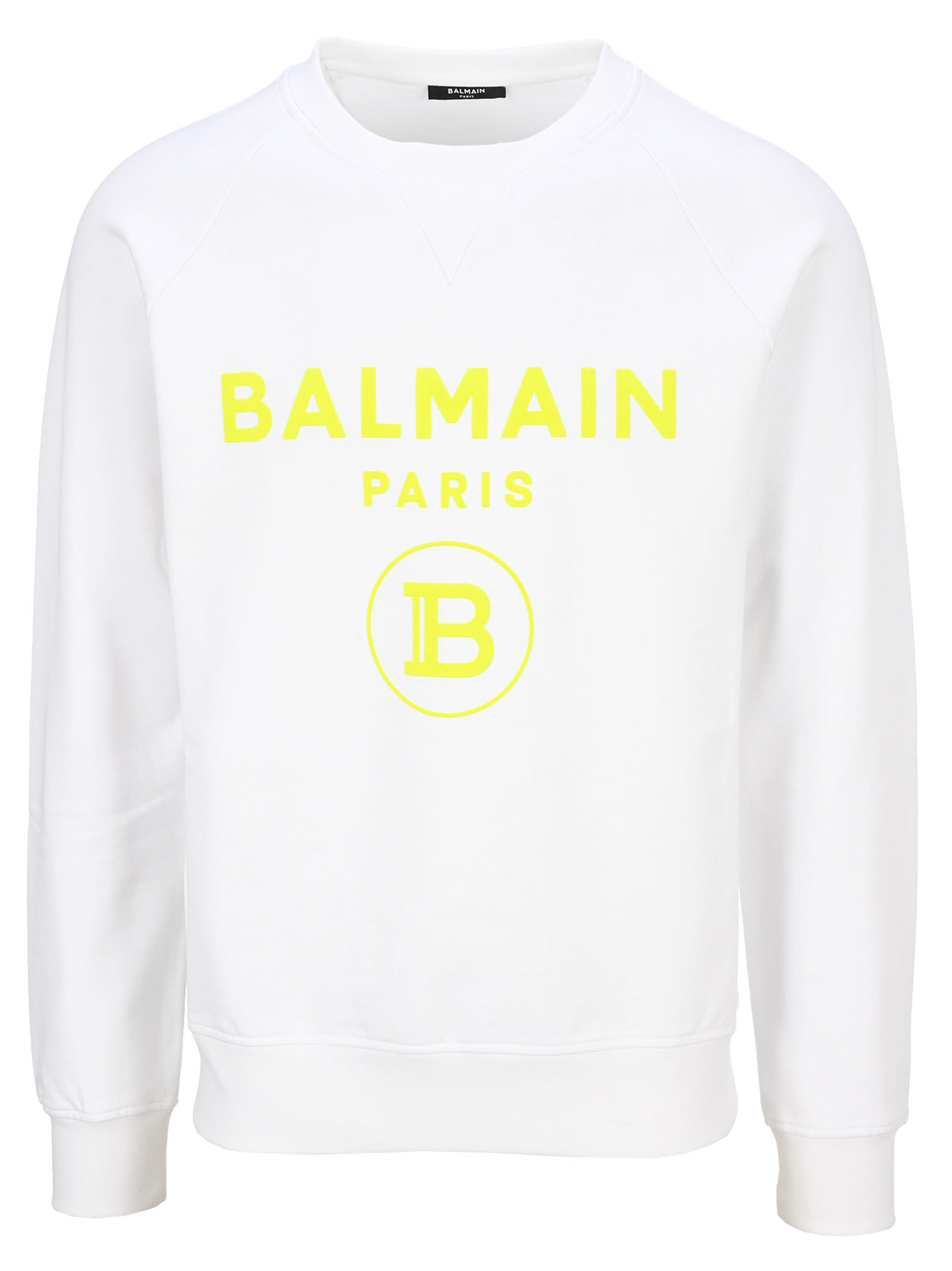 Balmain Black Cotton Sweatshirt With Flocked Neon Yellow Balmain Logo