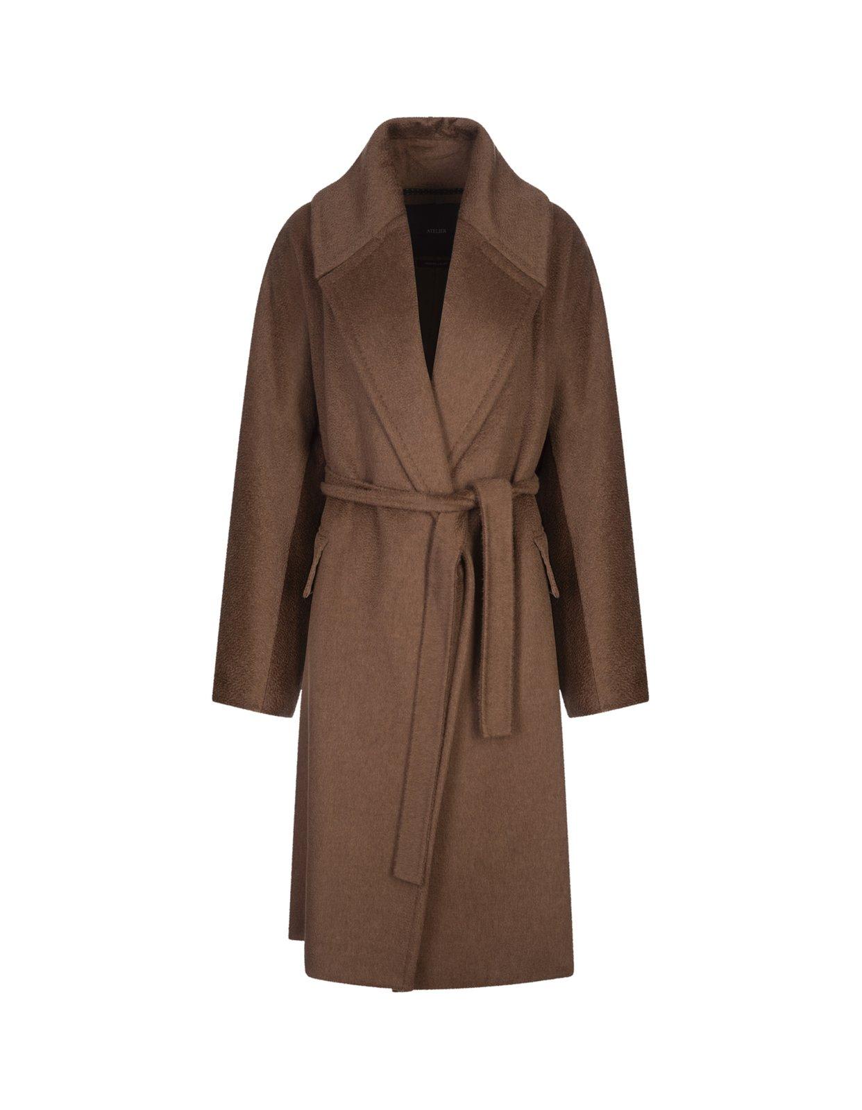 Shop Max Mara Belted Long-sleeved Coat In Brown